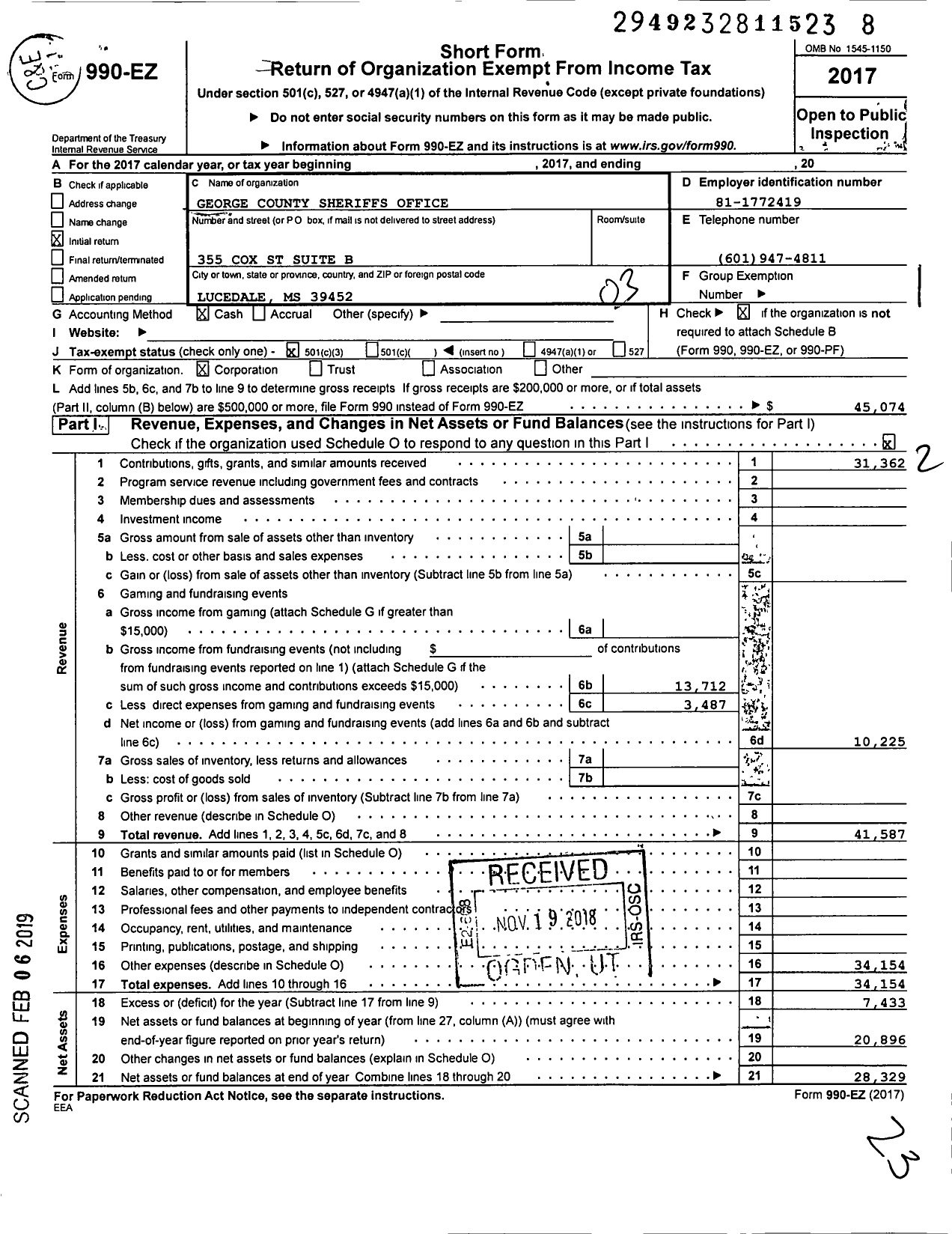 Image of first page of 2017 Form 990EZ for George County Sheriffs Office