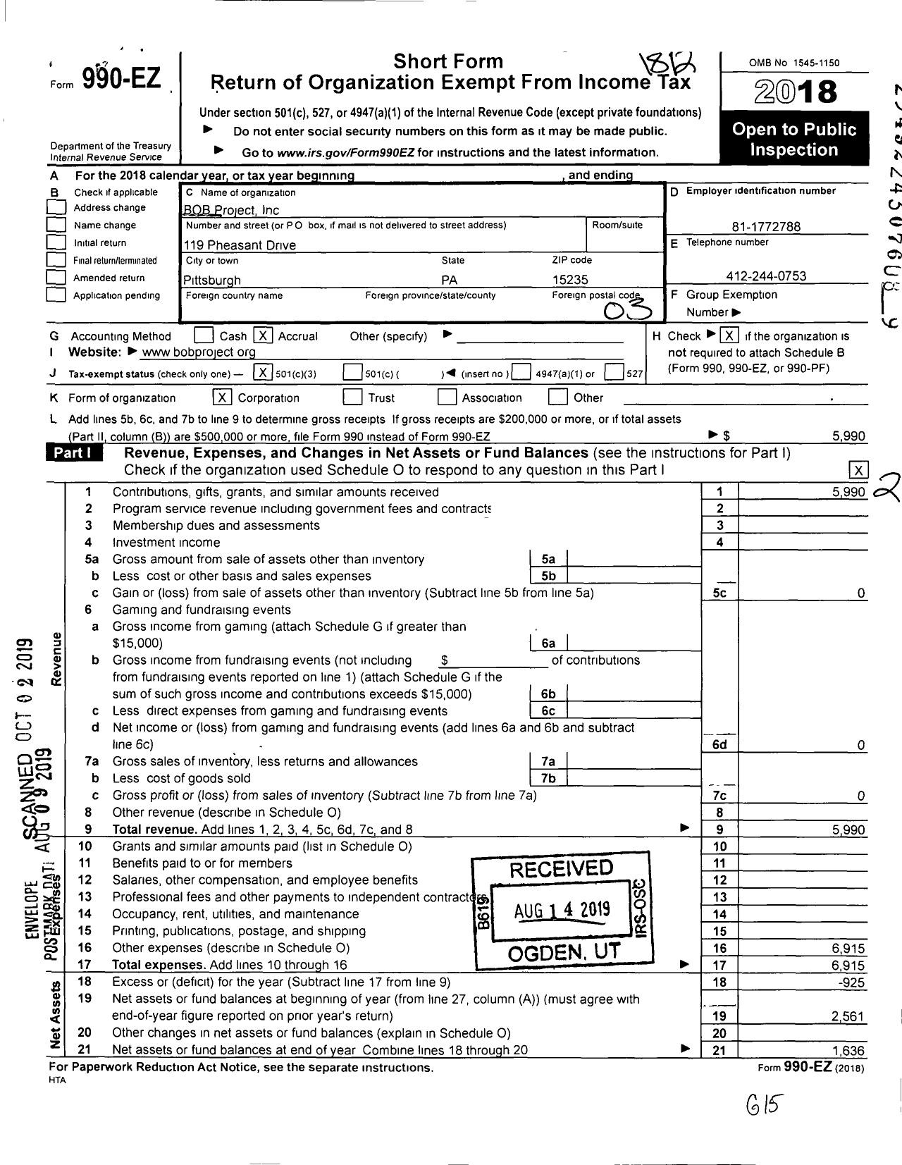 Image of first page of 2018 Form 990EZ for Bob Project