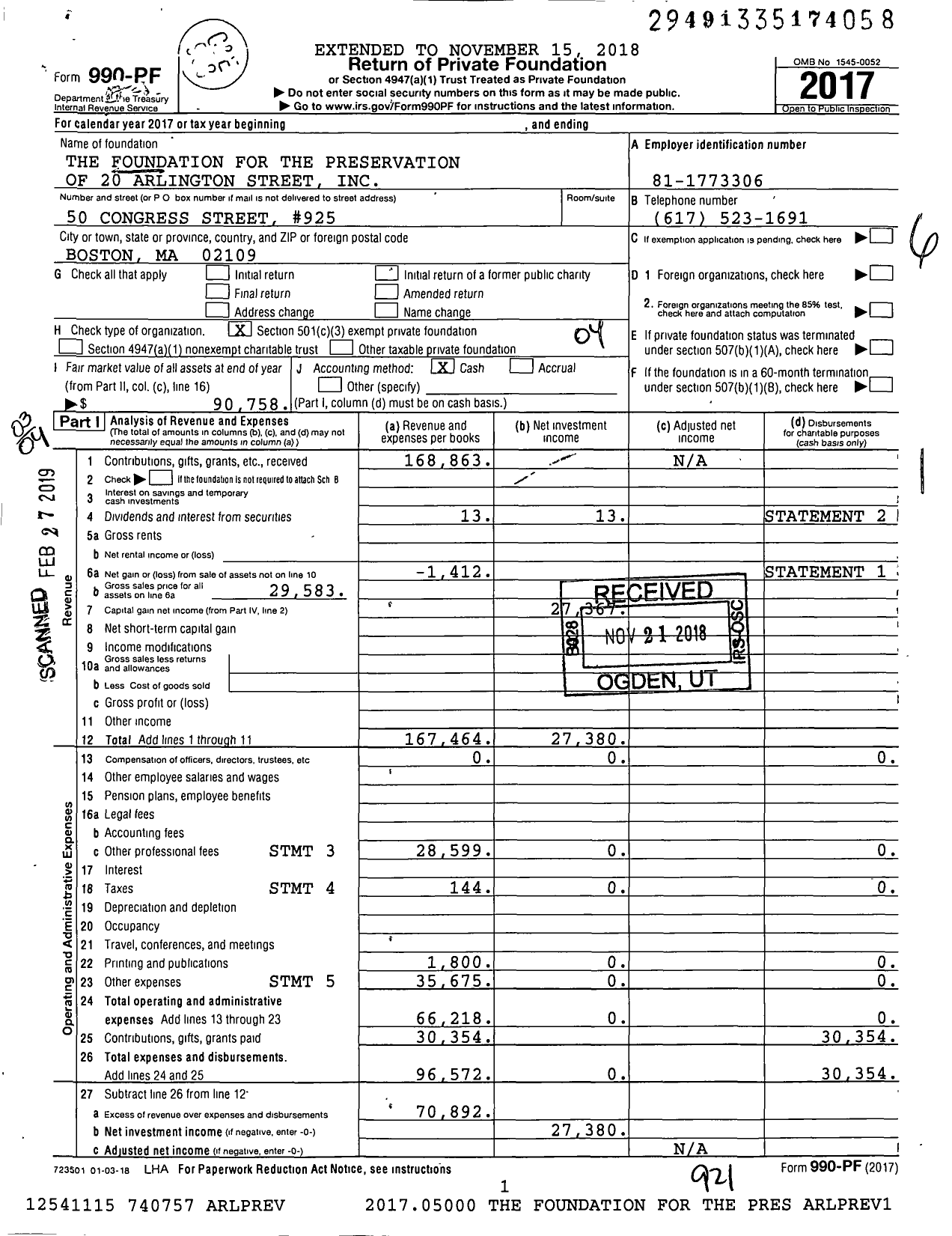 Image of first page of 2017 Form 990PF for Friends of 20 Arlington Street