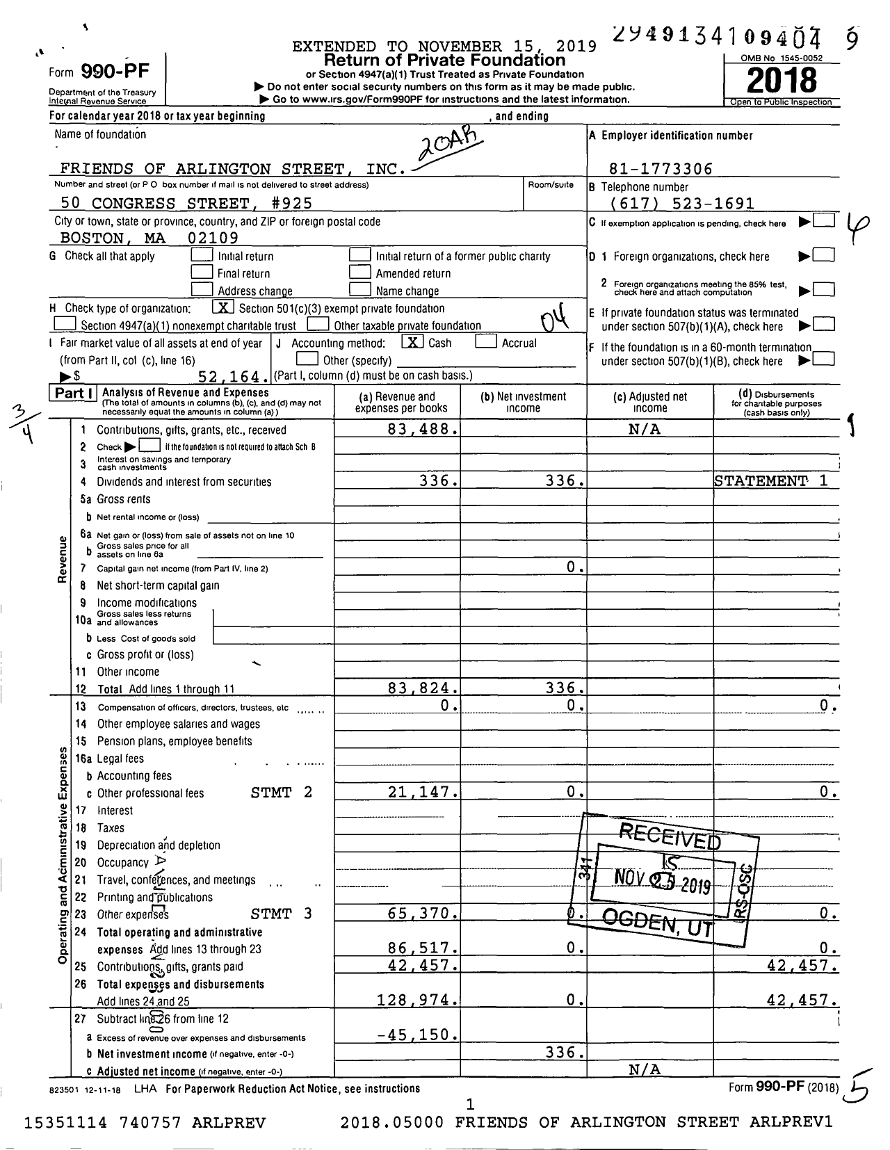 Image of first page of 2018 Form 990PF for Friends of 20 Arlington Street