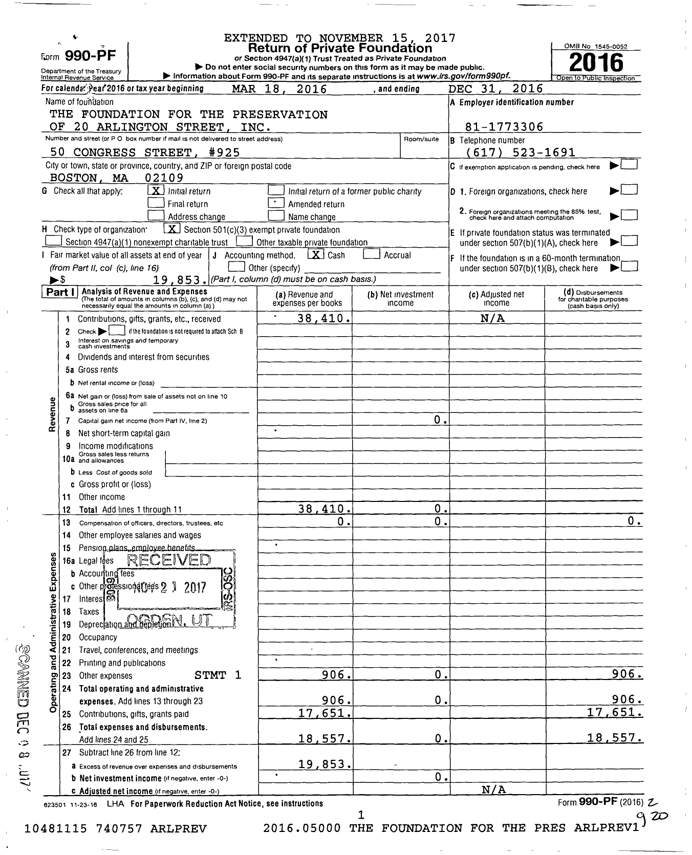 Image of first page of 2016 Form 990PF for Friends of 20 Arlington Street