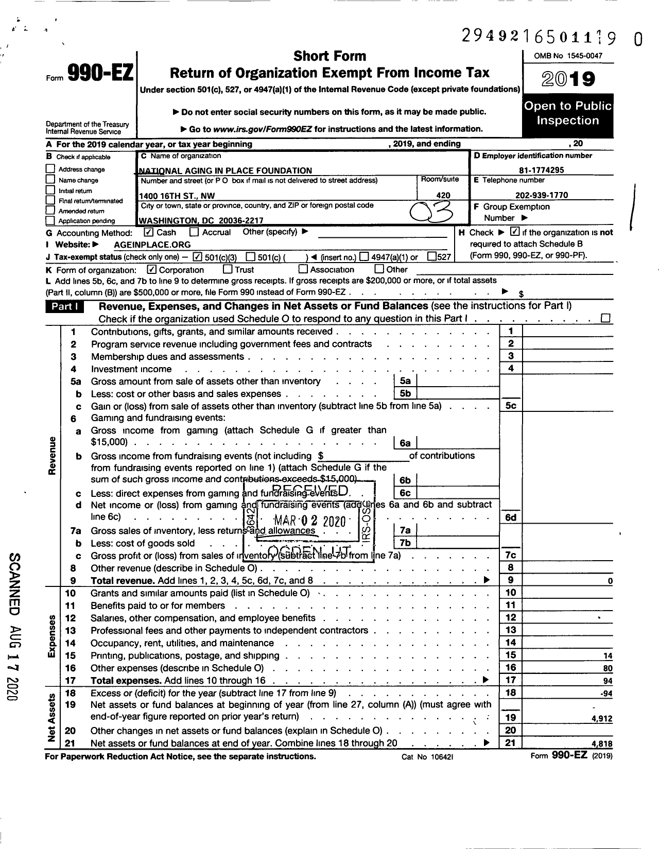 Image of first page of 2019 Form 990EZ for National Aging in Place Foundation