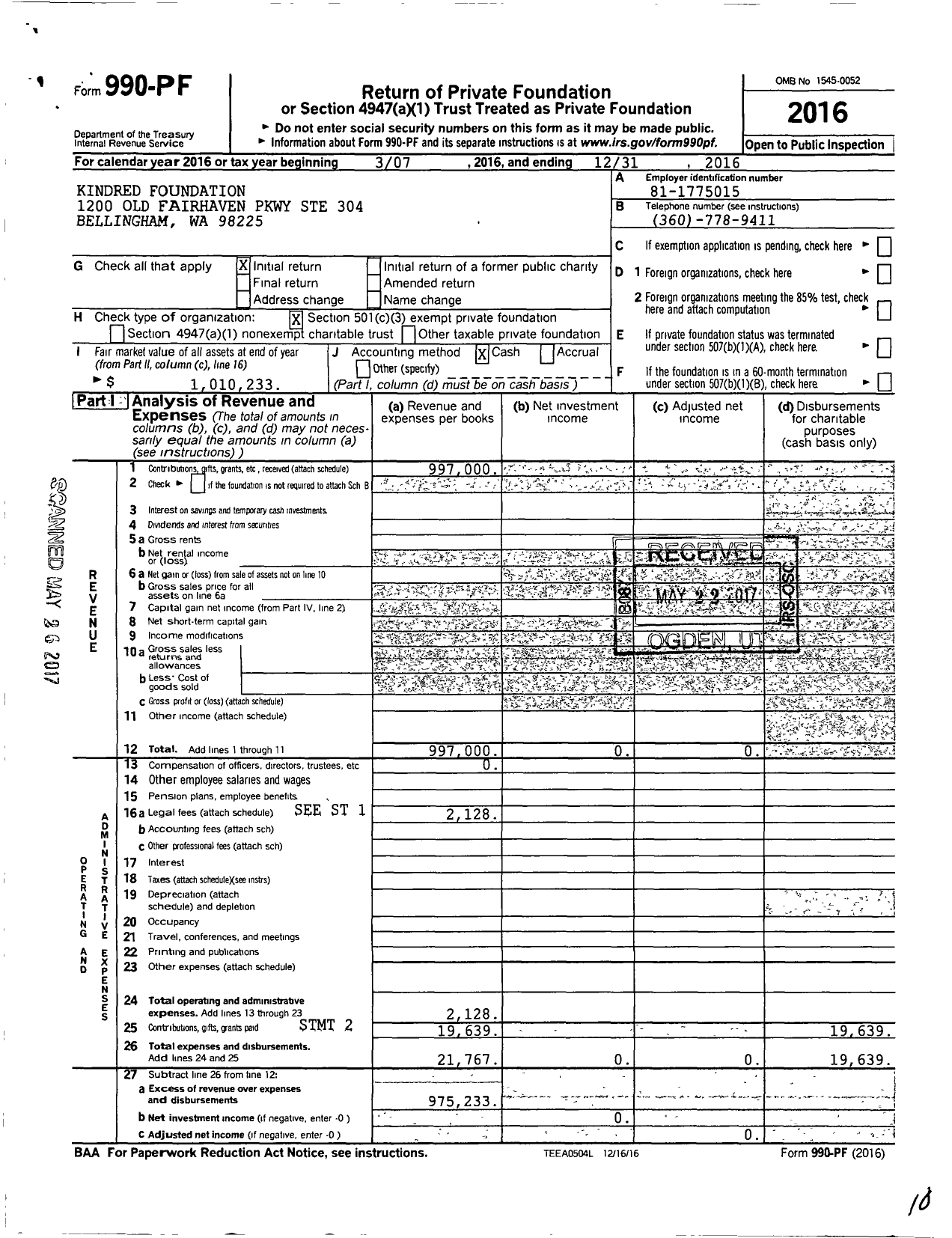 Image of first page of 2016 Form 990PF for Kindred Foundation