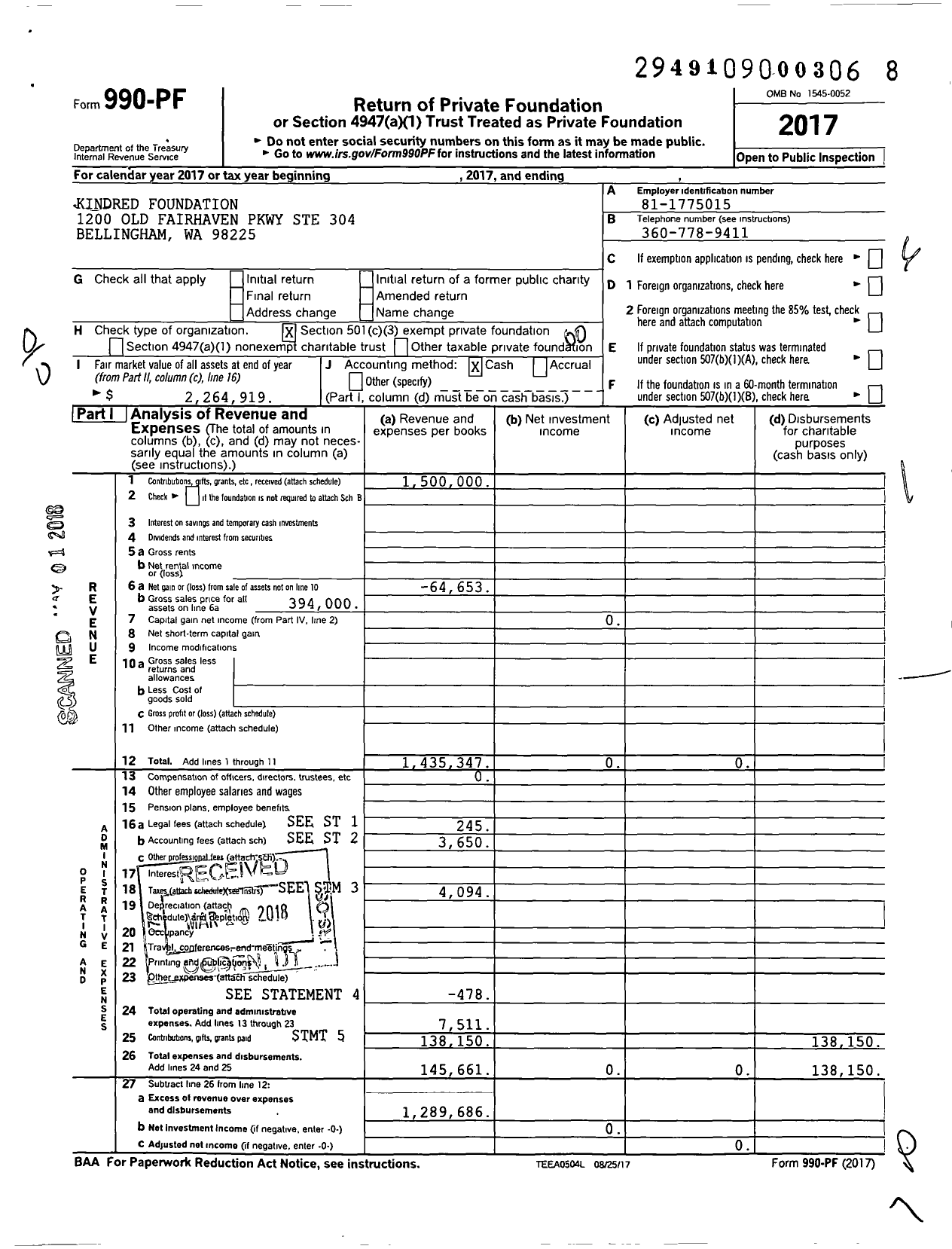 Image of first page of 2017 Form 990PF for Kindred Foundation