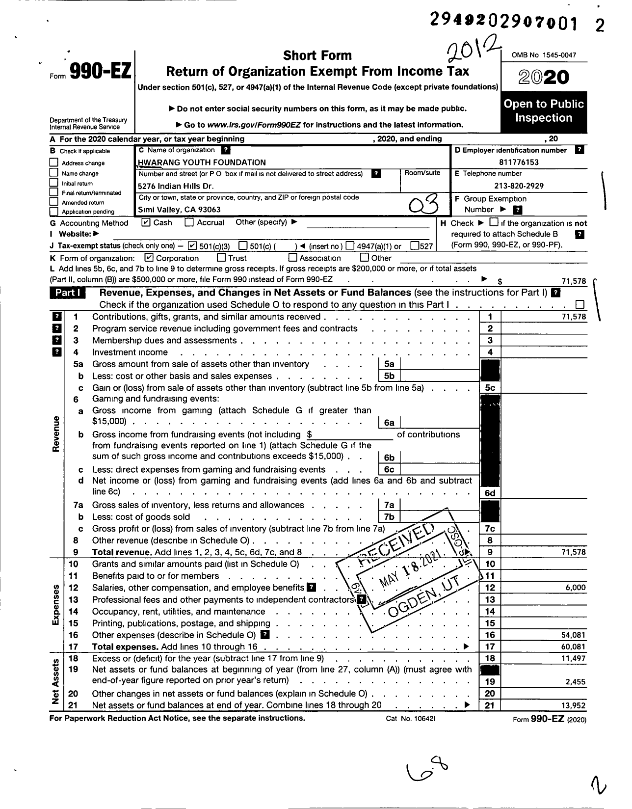 Image of first page of 2020 Form 990EZ for Hwarang Youth Foundation