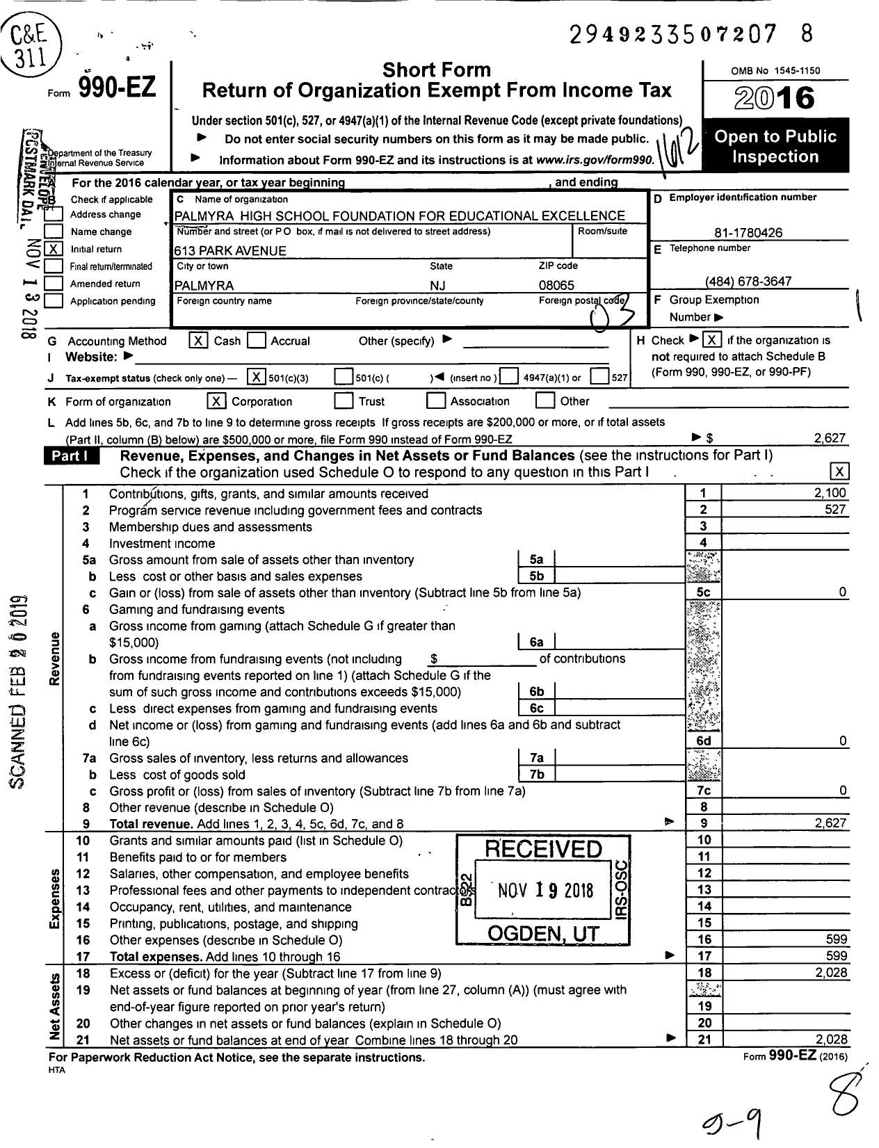 Image of first page of 2016 Form 990EZ for Palmyra High School Foundation for Educational Excellence