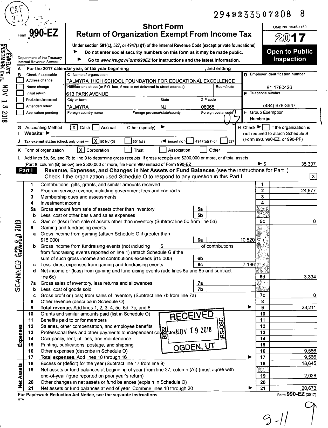 Image of first page of 2017 Form 990EZ for Palmyra High School Foundation for Educational Excellence