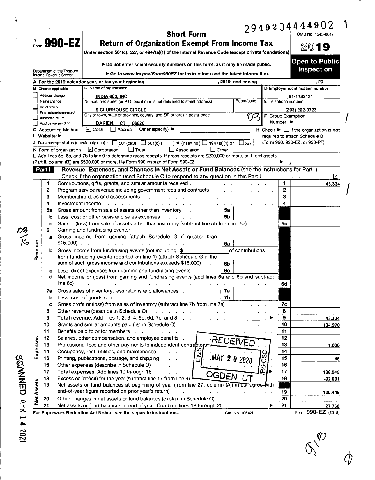 Image of first page of 2019 Form 990EZ for India 600