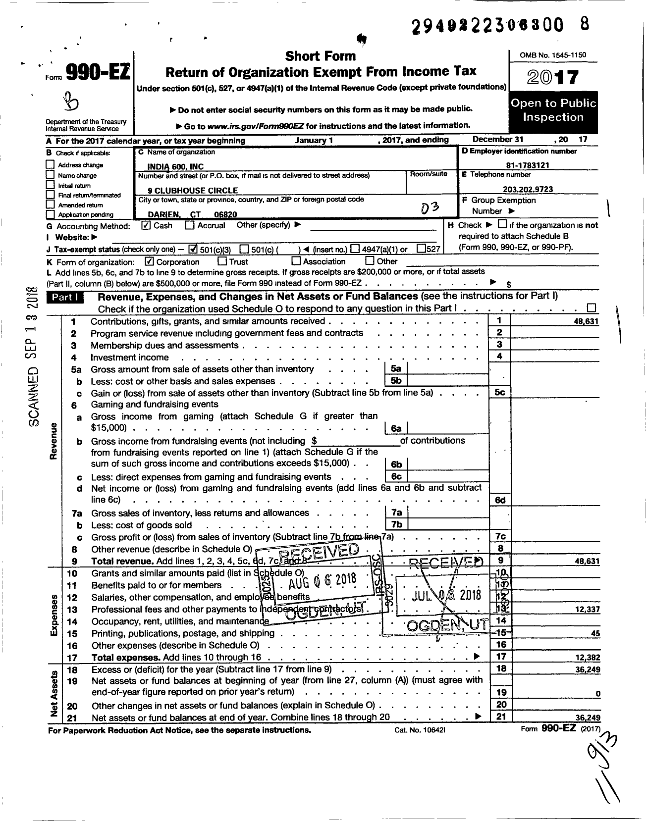 Image of first page of 2017 Form 990EZ for India 600