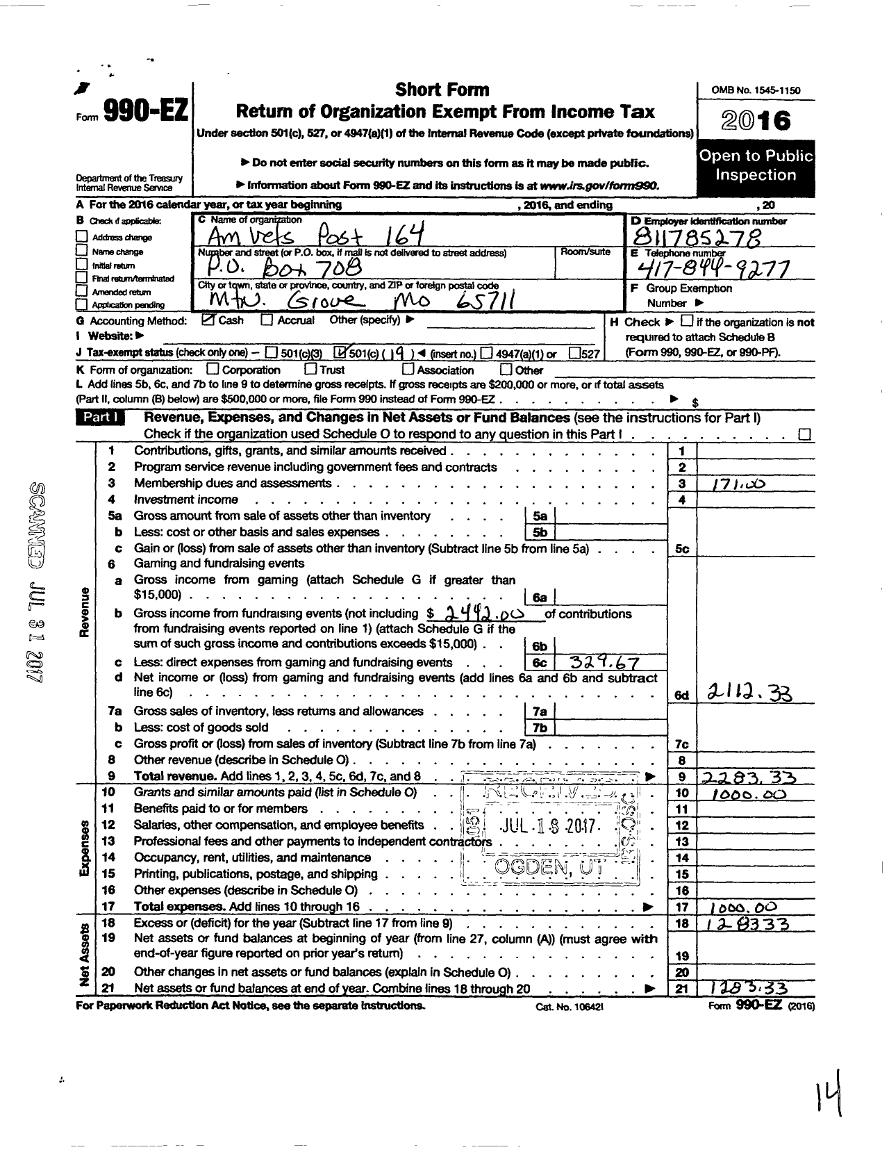 Image of first page of 2016 Form 990EO for Amvets - 164 Missouri Post
