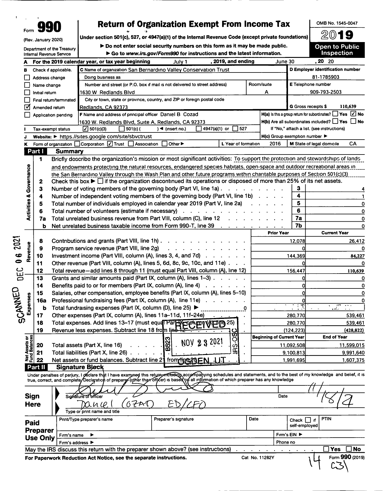 Image of first page of 2019 Form 990 for San Bernardino Valley Conservation Trust