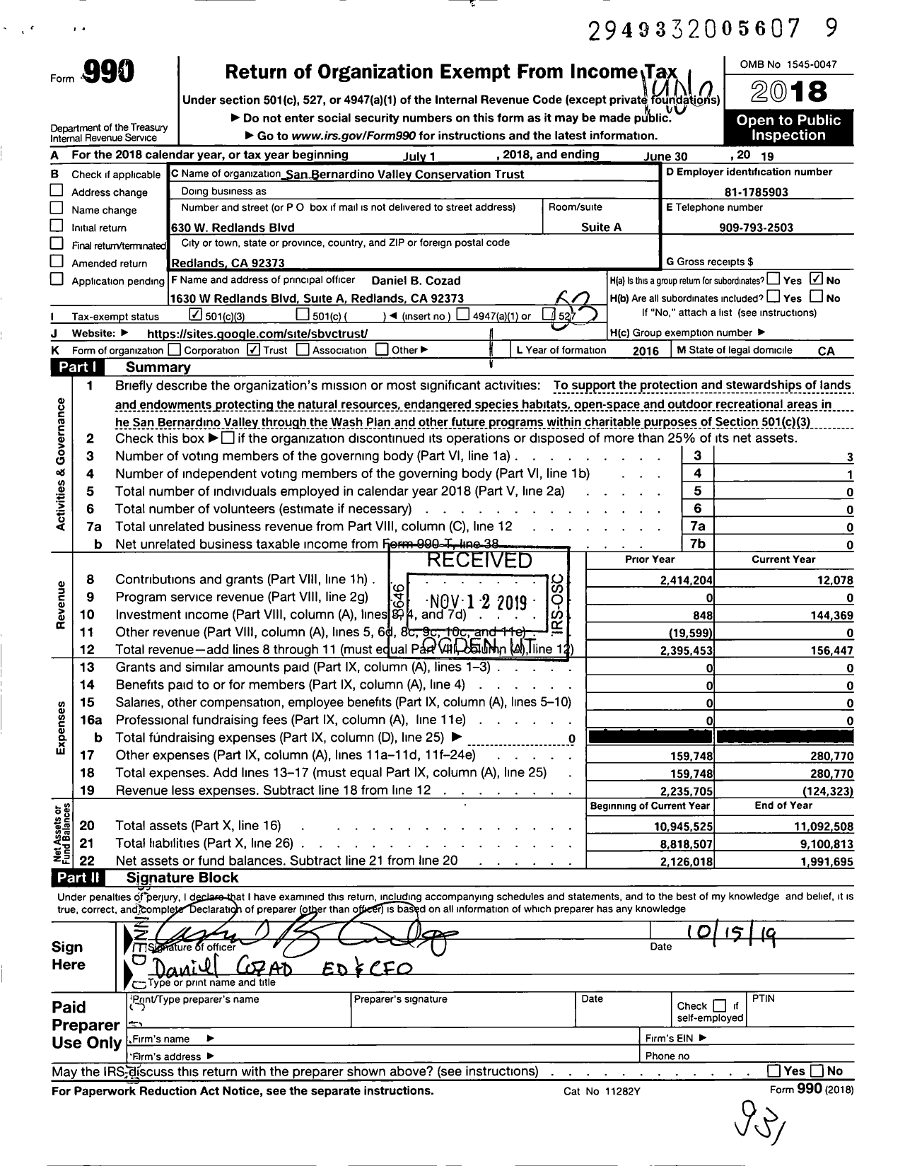 Image of first page of 2018 Form 990 for San Bernardino Valley Conservation Trust