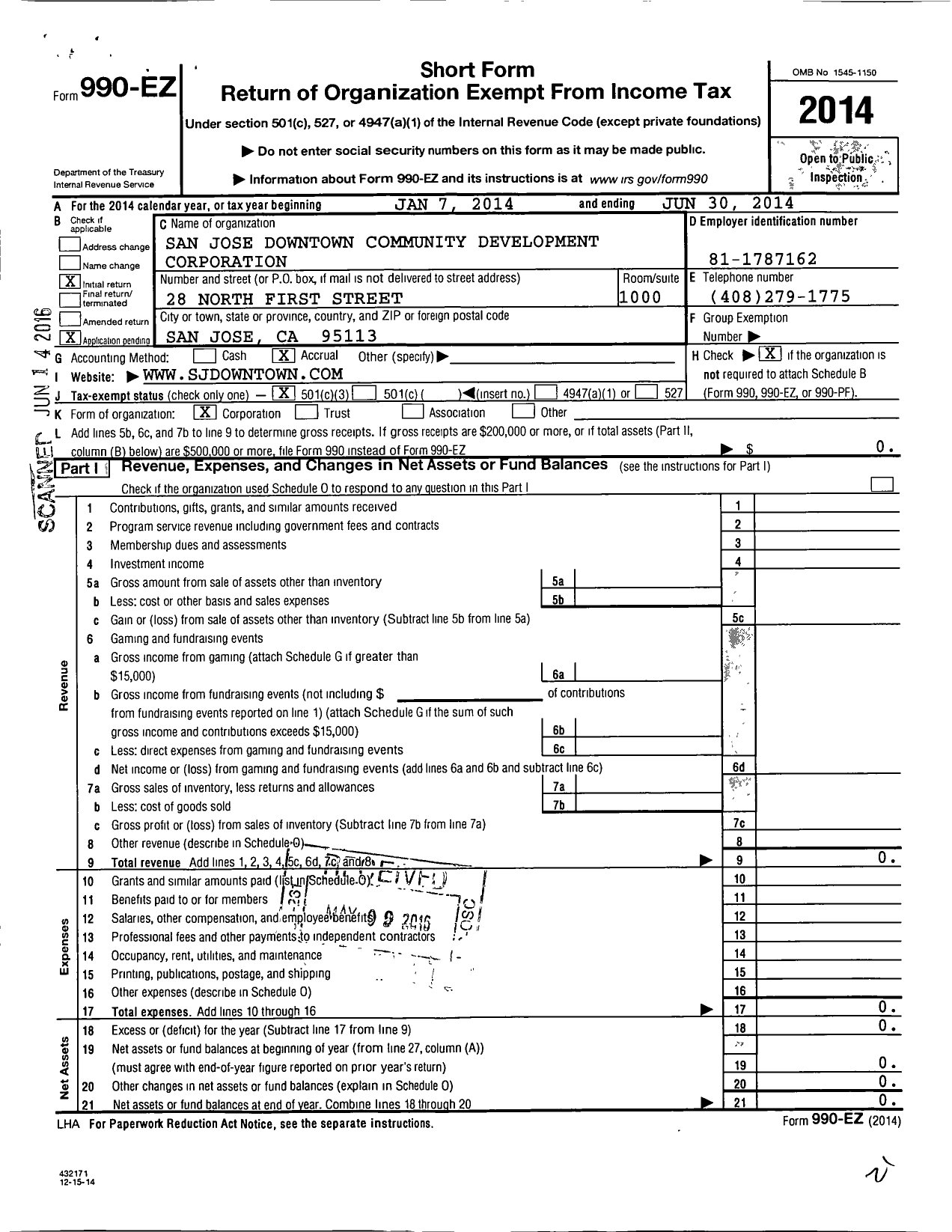 Image of first page of 2013 Form 990EZ for San Jose Downtown Community Development Corporation