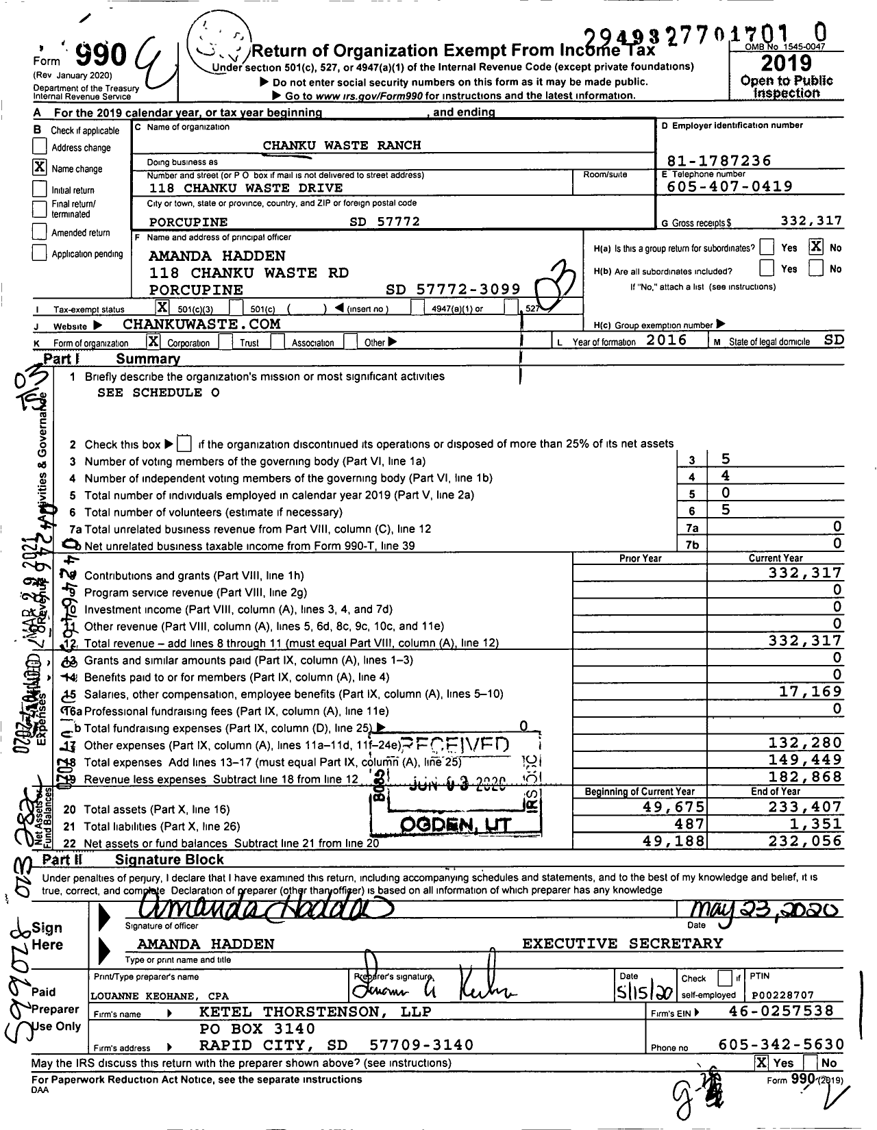 Image of first page of 2019 Form 990 for Chanku Waste Ranch