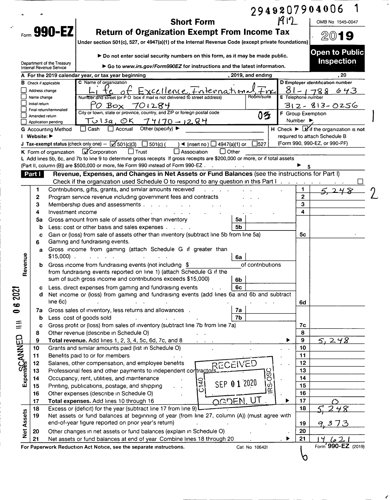 Image of first page of 2019 Form 990EZ for Life of Excellence International