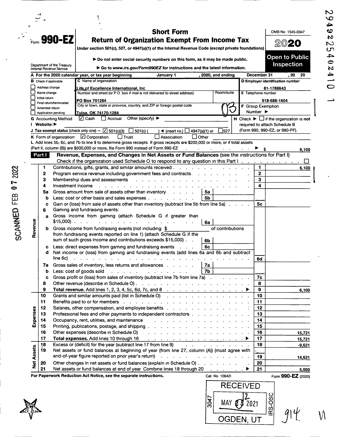 Image of first page of 2020 Form 990EZ for Life of Excellence International