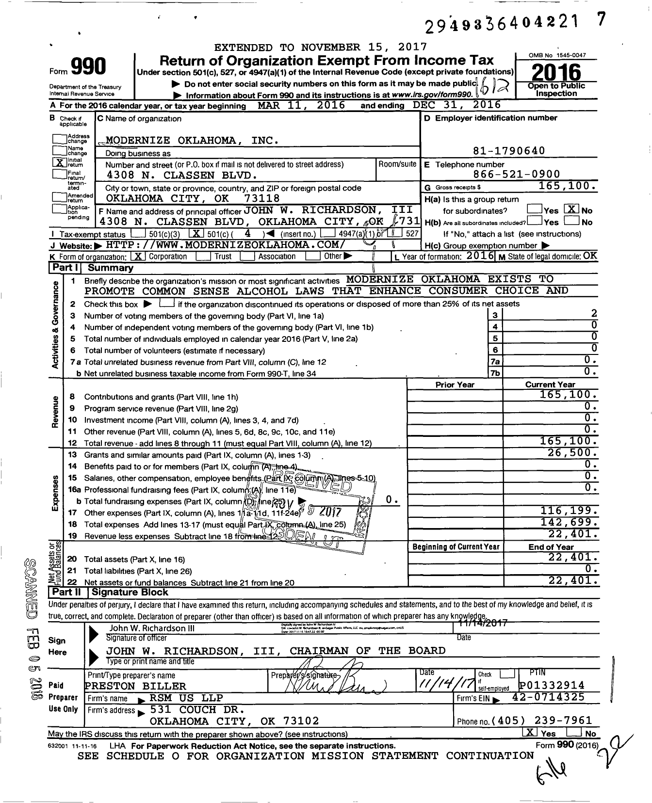 Image of first page of 2016 Form 990O for Modernize Oklahoma