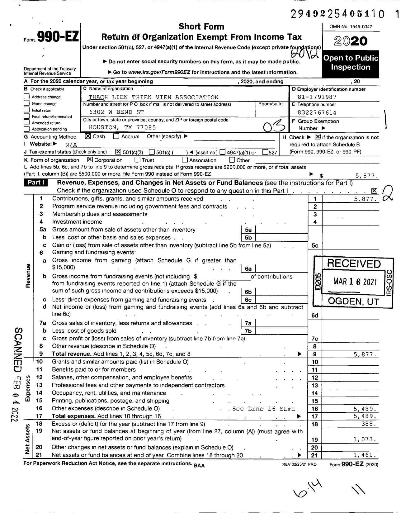 Image of first page of 2020 Form 990EZ for Thach Lien Thien Vien Association