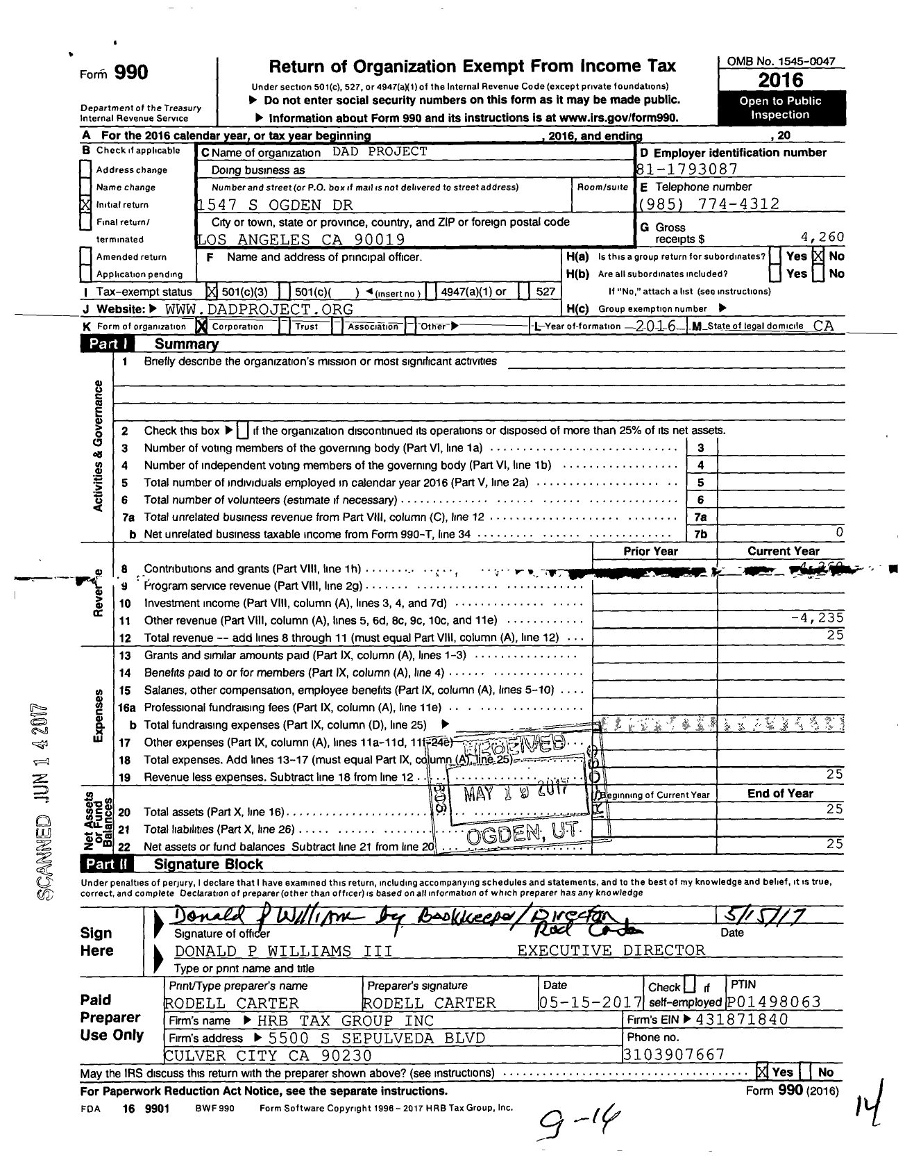 Image of first page of 2016 Form 990 for DAD Project