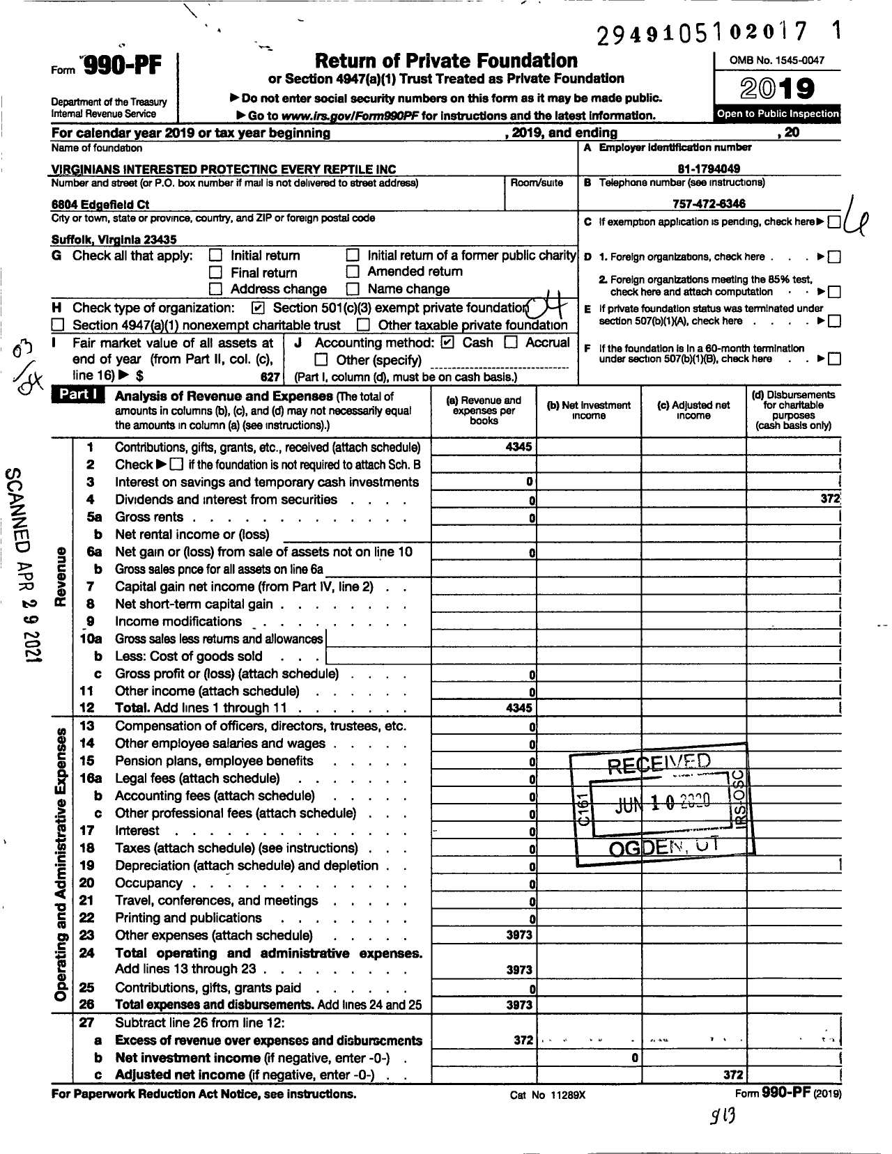 Image of first page of 2019 Form 990PF for Virginians Interested Protecting Every Reptile