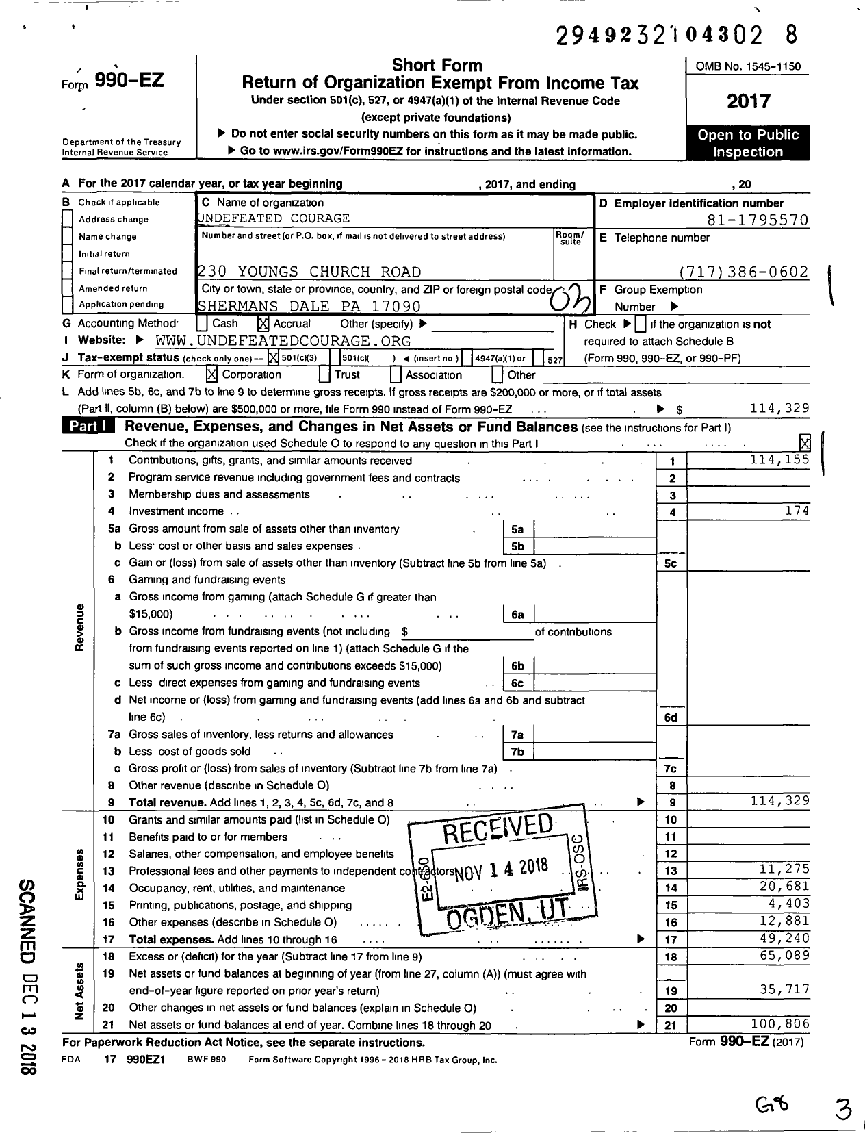 Image of first page of 2017 Form 990EZ for Undefeated Courage