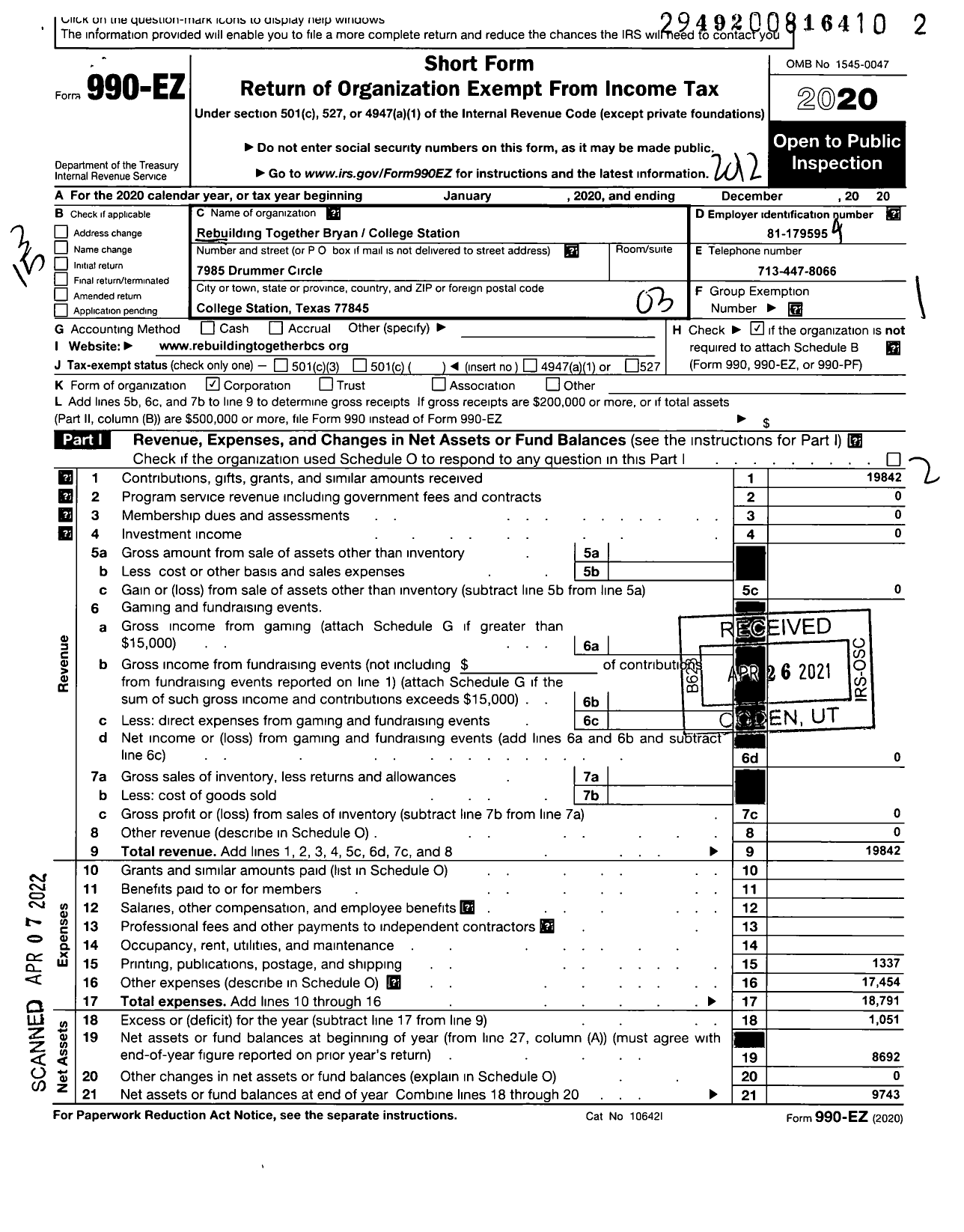 Image of first page of 2020 Form 990EZ for Rebuilding Together - Bryan College Station