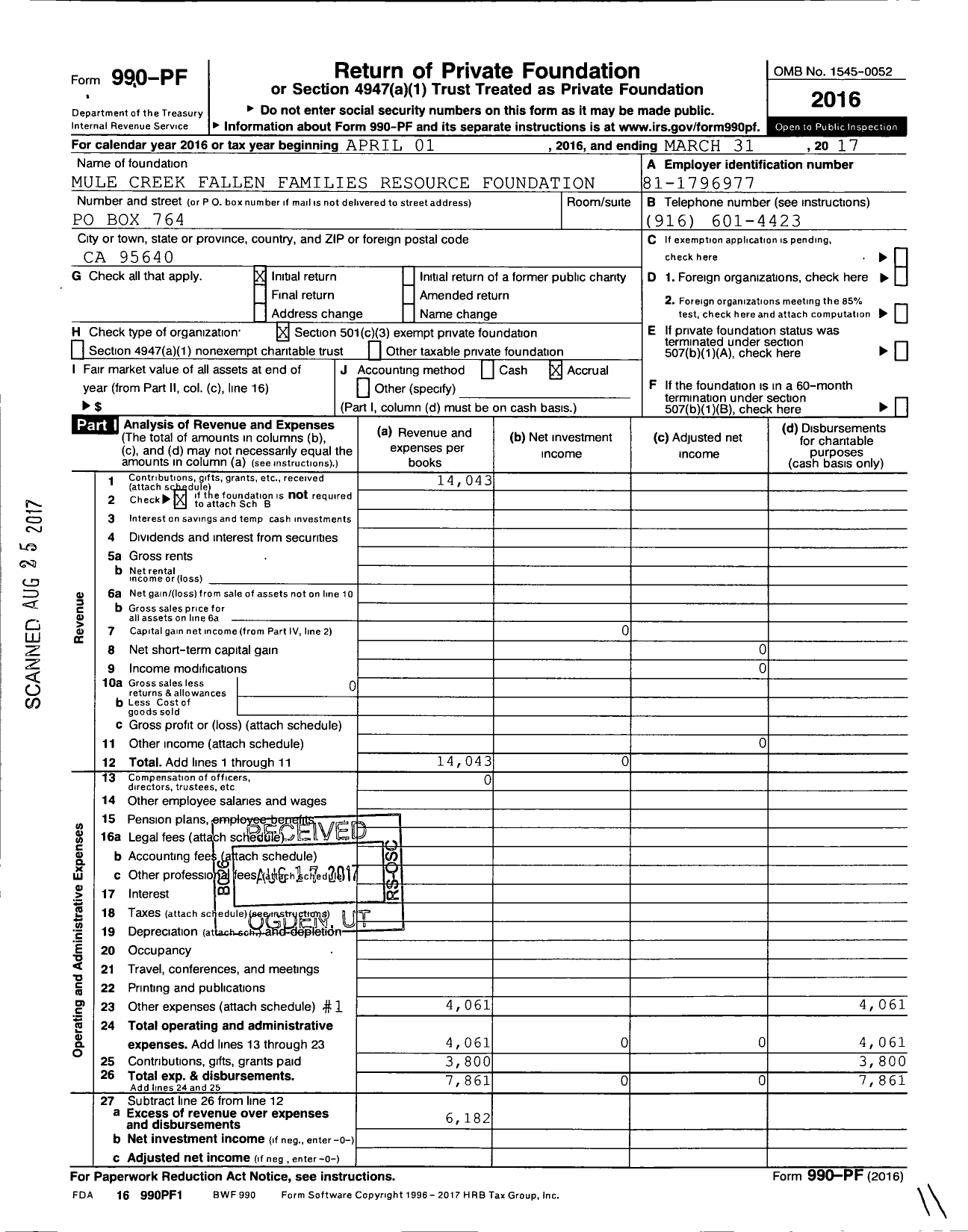 Image of first page of 2016 Form 990PF for Mule Creek Fallen Families Res Found