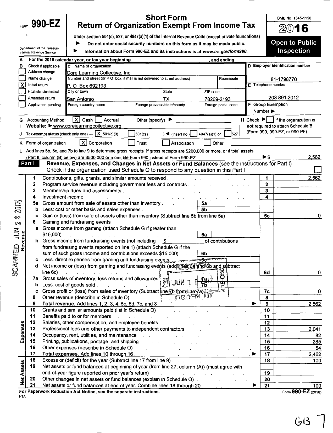 Image of first page of 2016 Form 990EO for Core Learning Collective