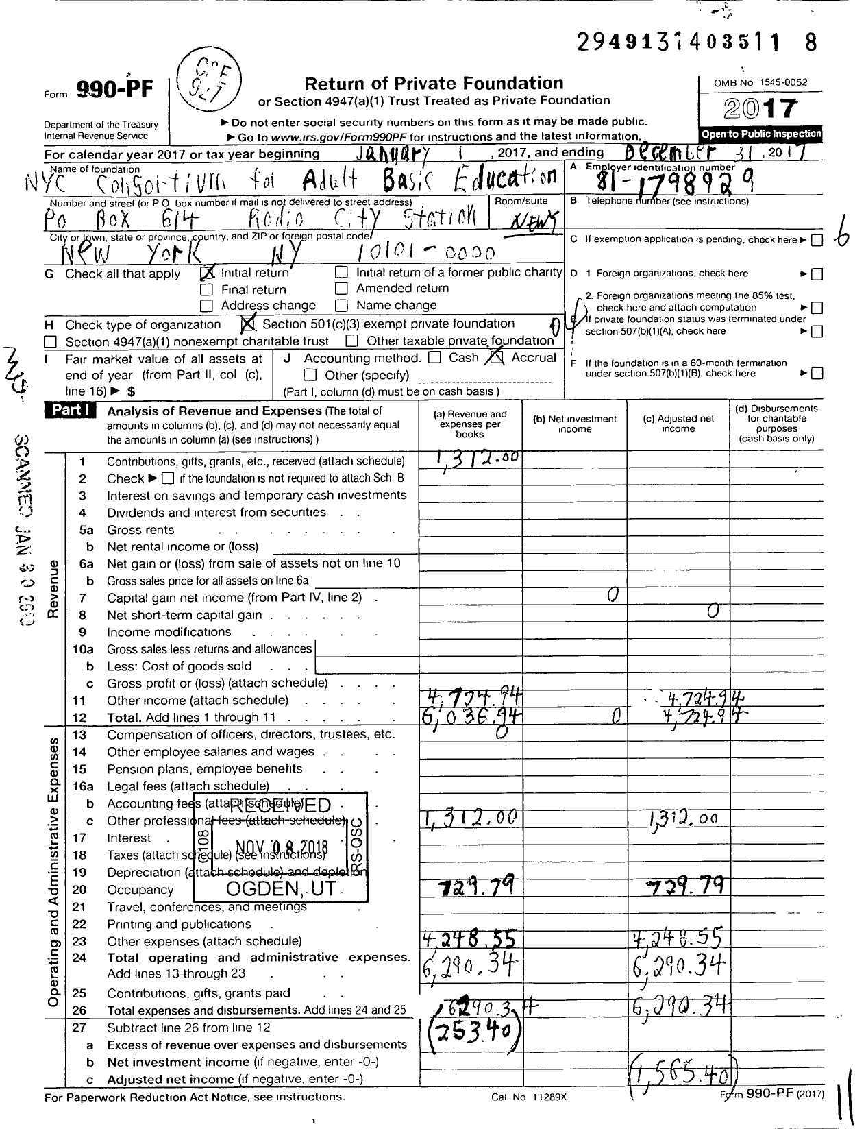 Image of first page of 2017 Form 990PF for New York City Consortium for Adult Basic Education