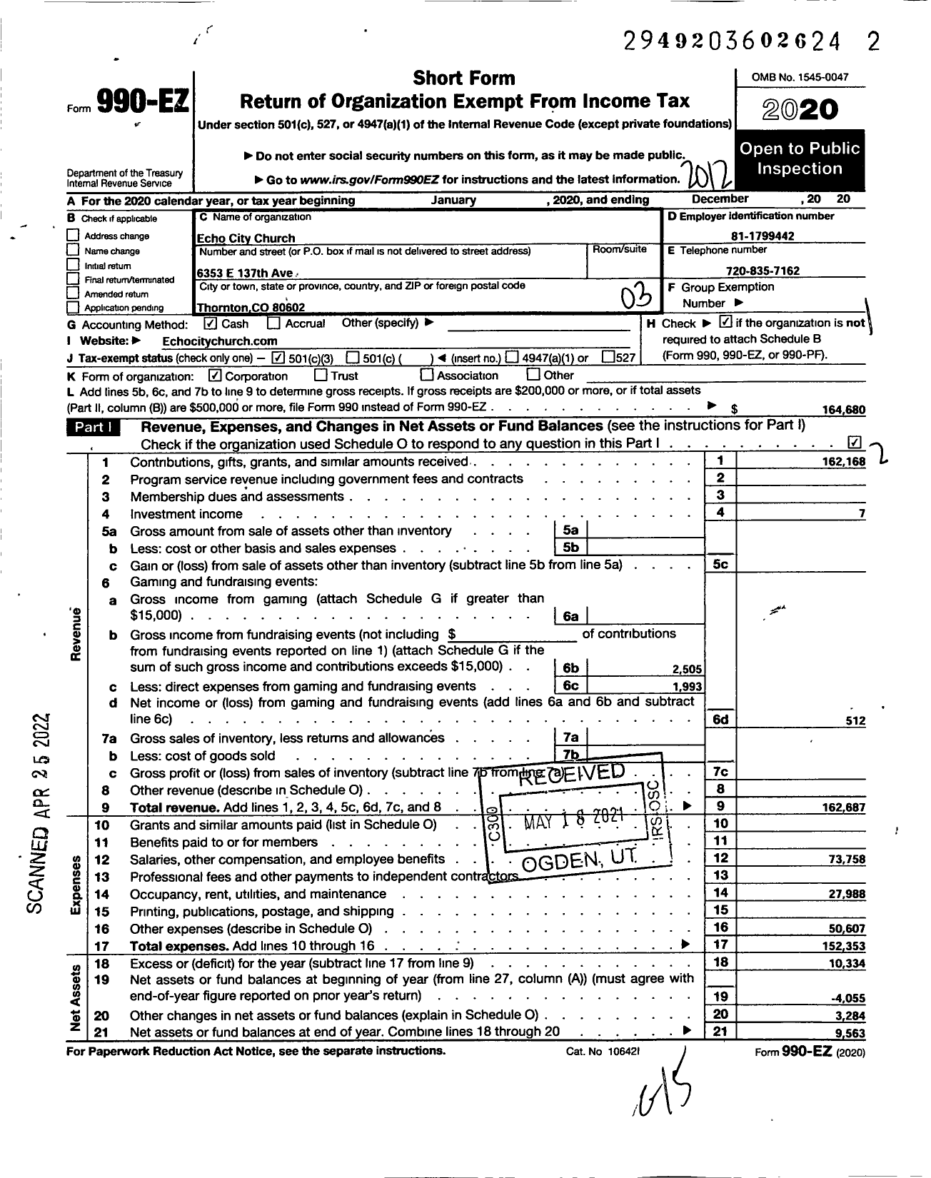 Image of first page of 2020 Form 990EZ for Echo City Church