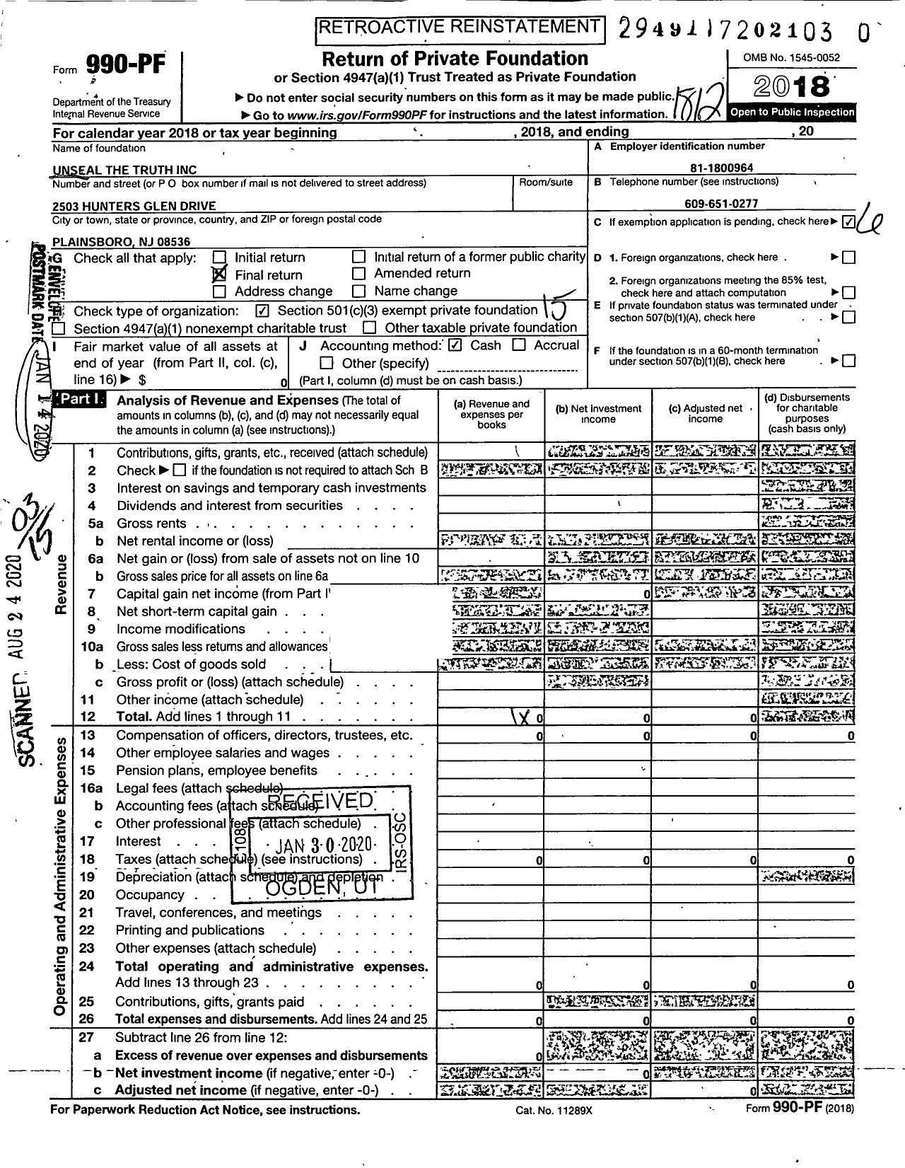 Image of first page of 2018 Form 990PR for Unseal the Truth