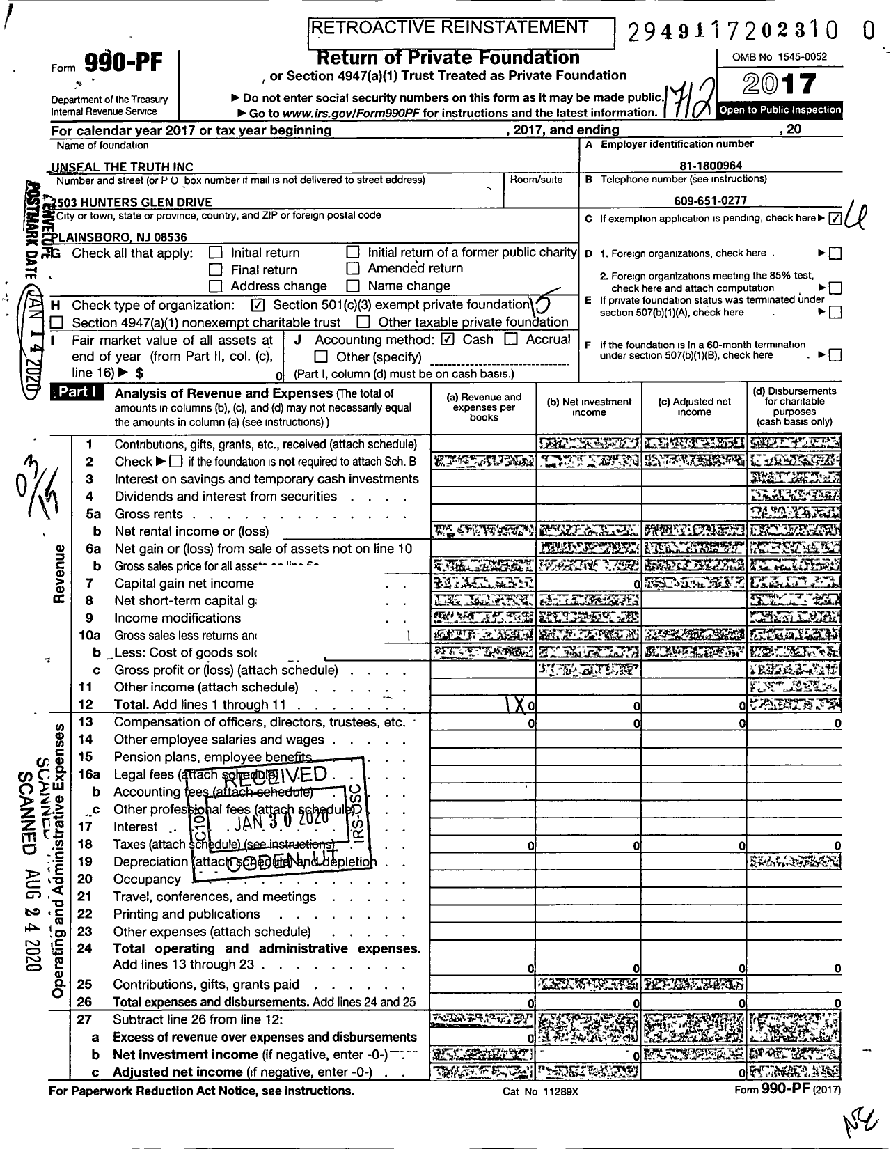 Image of first page of 2017 Form 990PR for Unseal the Truth