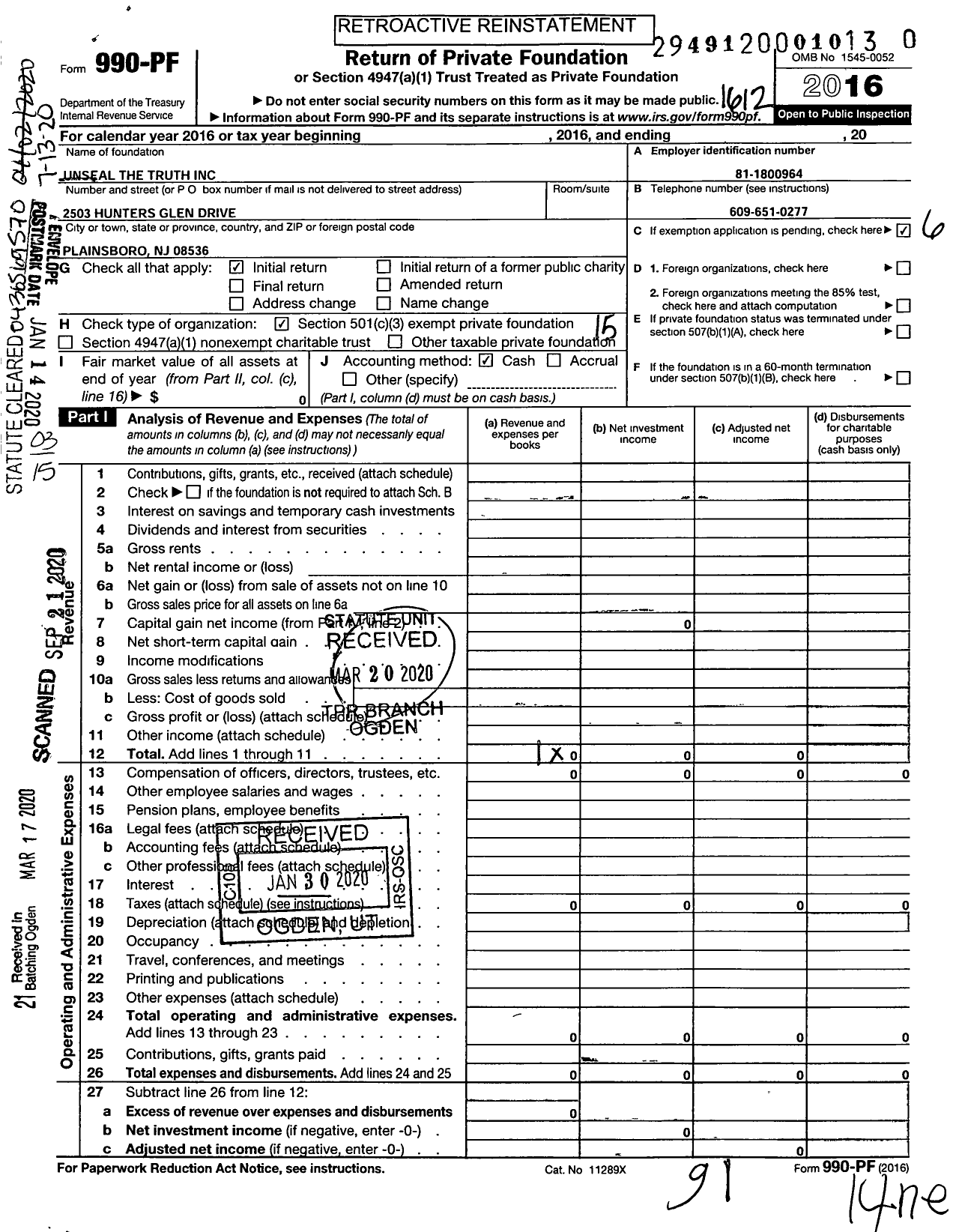 Image of first page of 2016 Form 990PR for Unseal the Truth