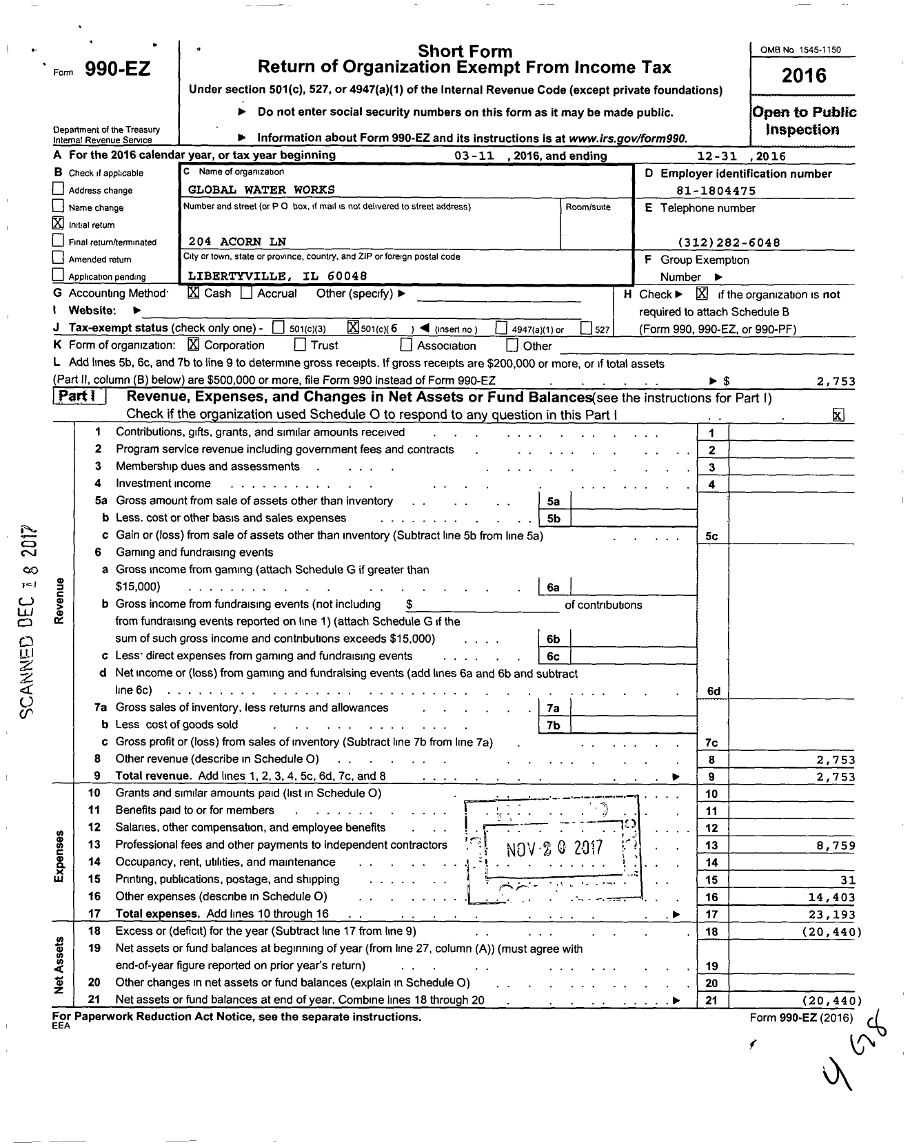 Image of first page of 2016 Form 990EO for Global Water Works