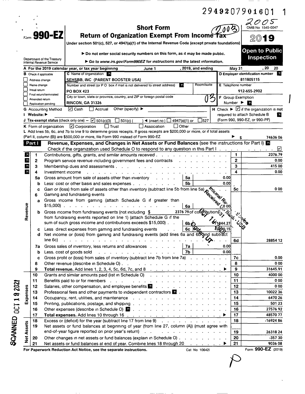 Image of first page of 2019 Form 990EZ for Sehsbb Parent Booster USA