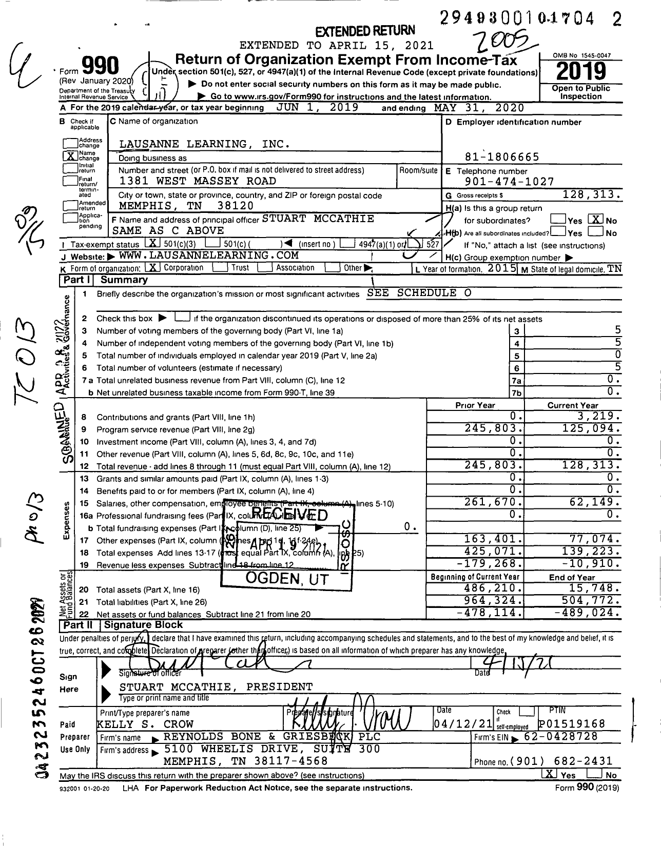 Image of first page of 2019 Form 990 for Lausanne Learning