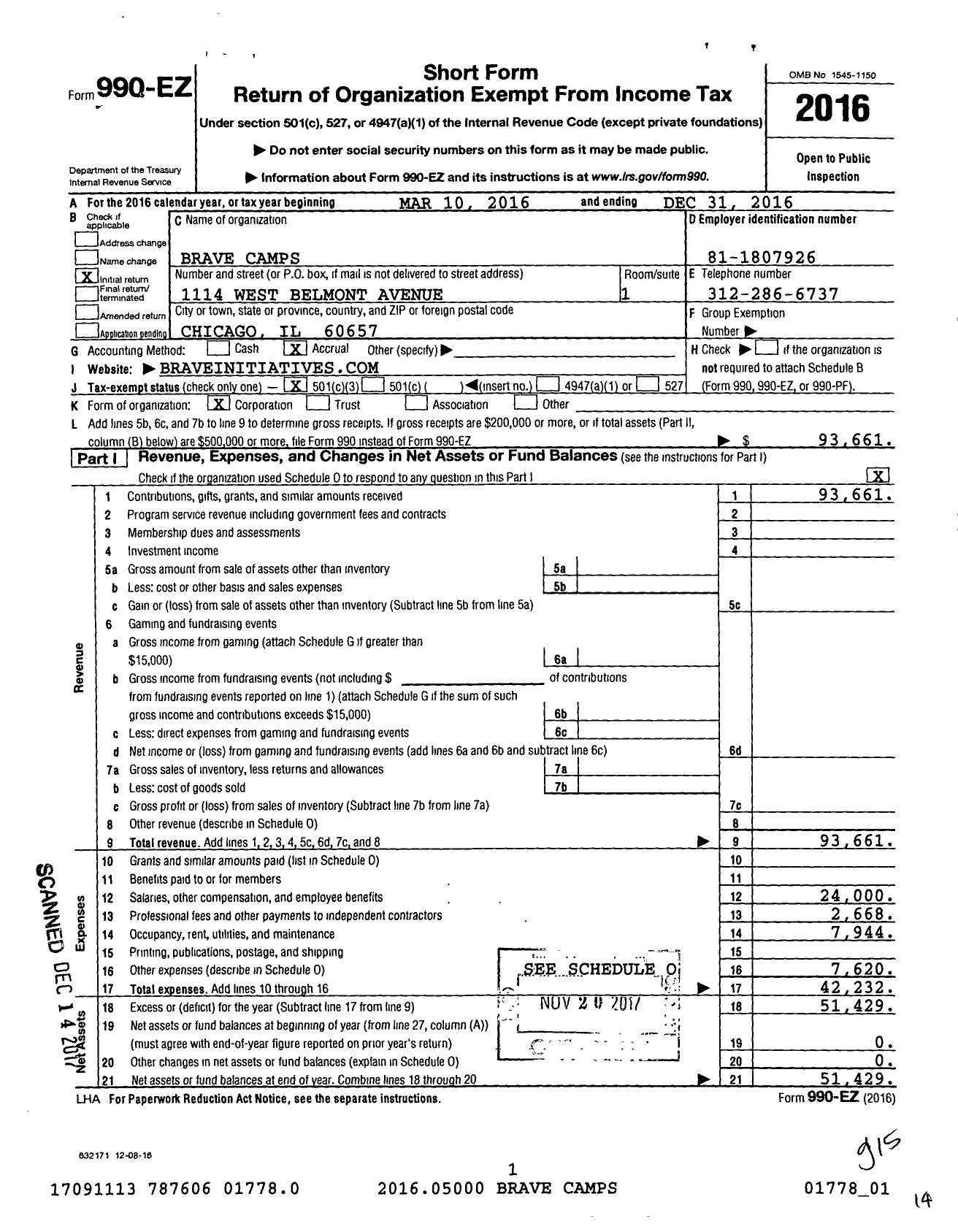 Image of first page of 2016 Form 990EZ for Brave Camps