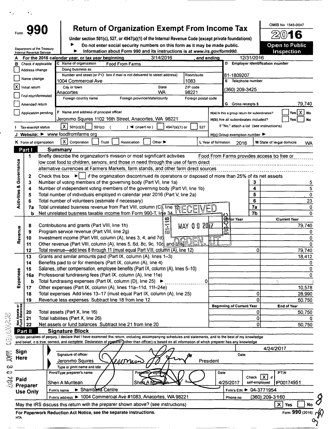 Image of first page of 2016 Form 990 for Food From Farms