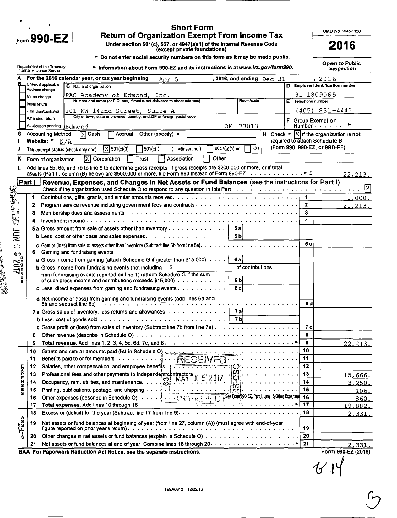 Image of first page of 2016 Form 990EZ for Pac Academy of Edmond