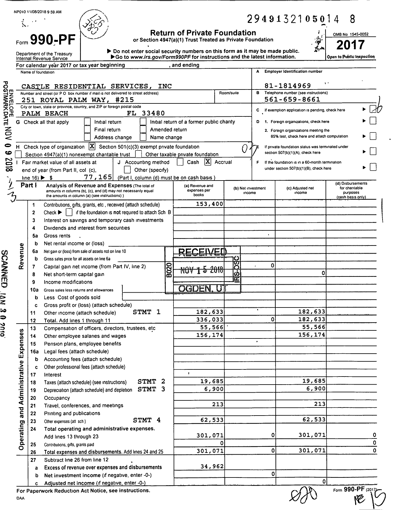 Image of first page of 2017 Form 990PF for Castle Residential Services