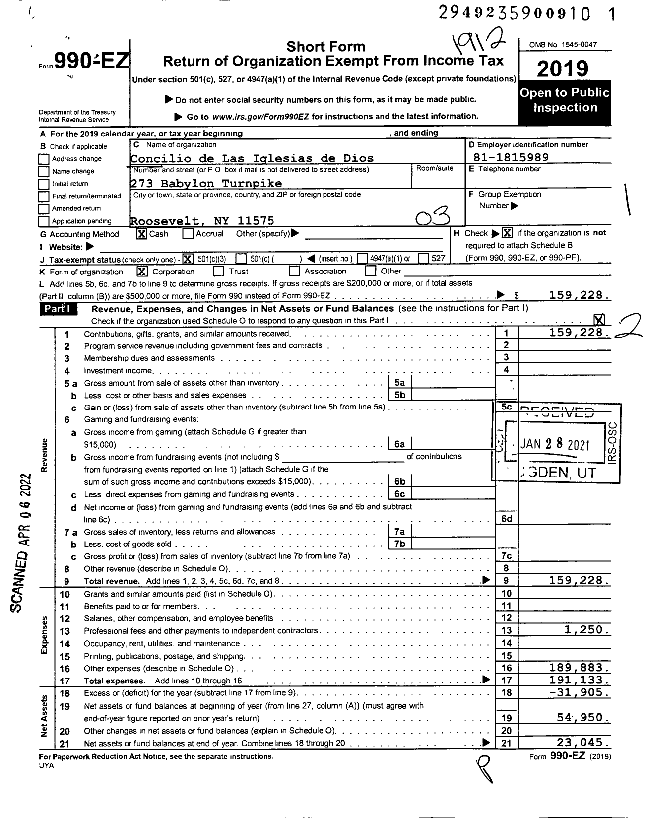 Image of first page of 2019 Form 990EZ for Concilio de Las Iglesias de Dios