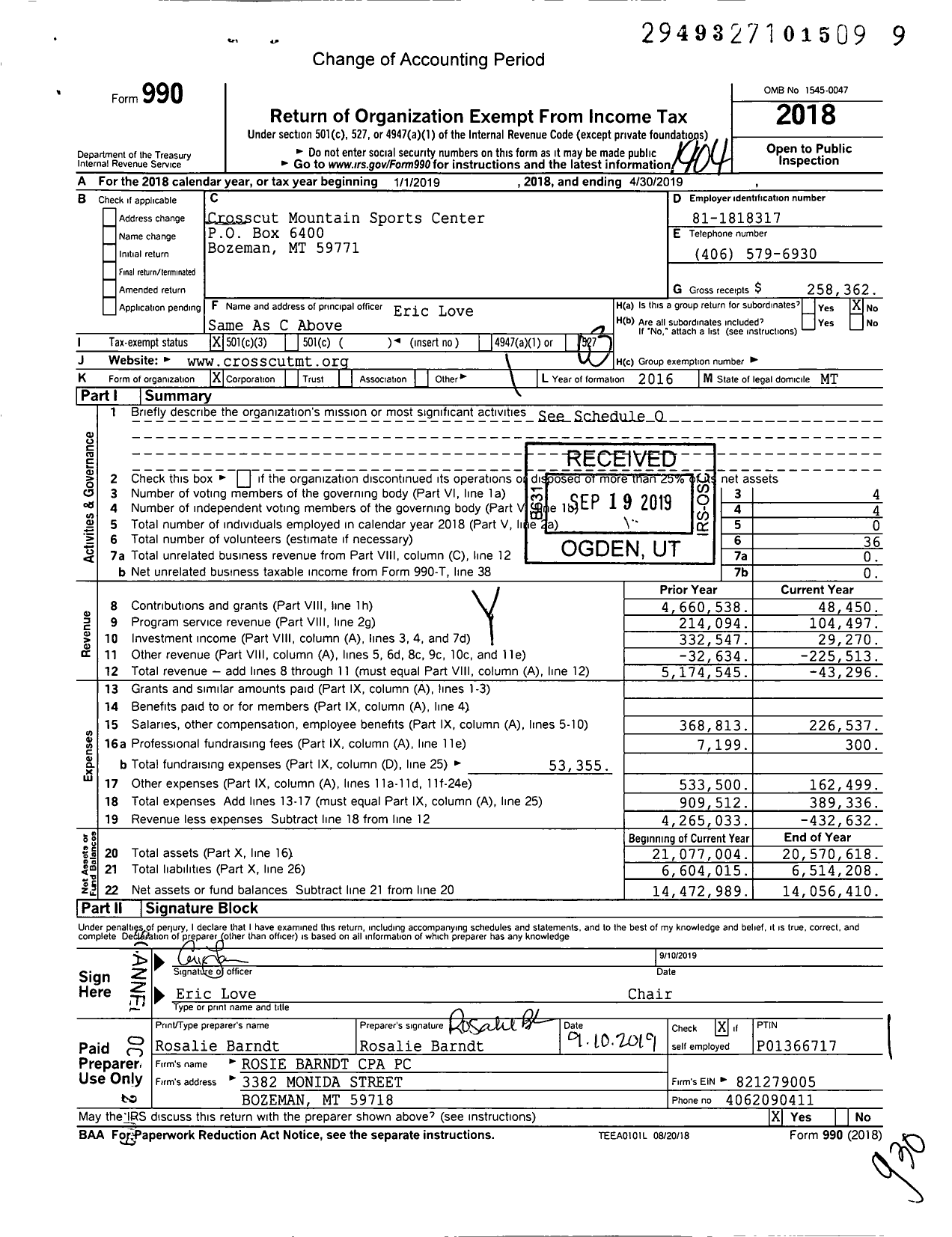 Image of first page of 2018 Form 990 for Crosscut Mountain Sports Center