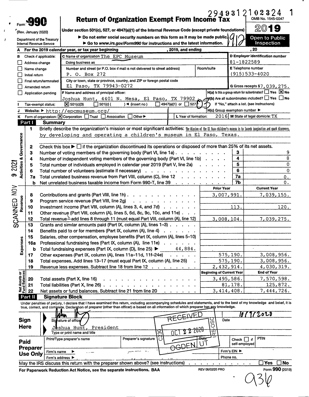 Image of first page of 2019 Form 990 for The EPC Museum