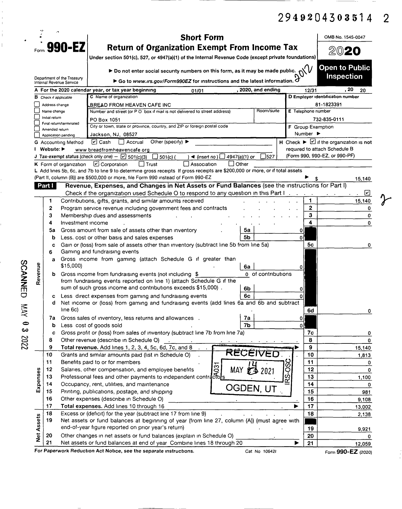 Image of first page of 2020 Form 990EZ for Bread From Heaven Cafe