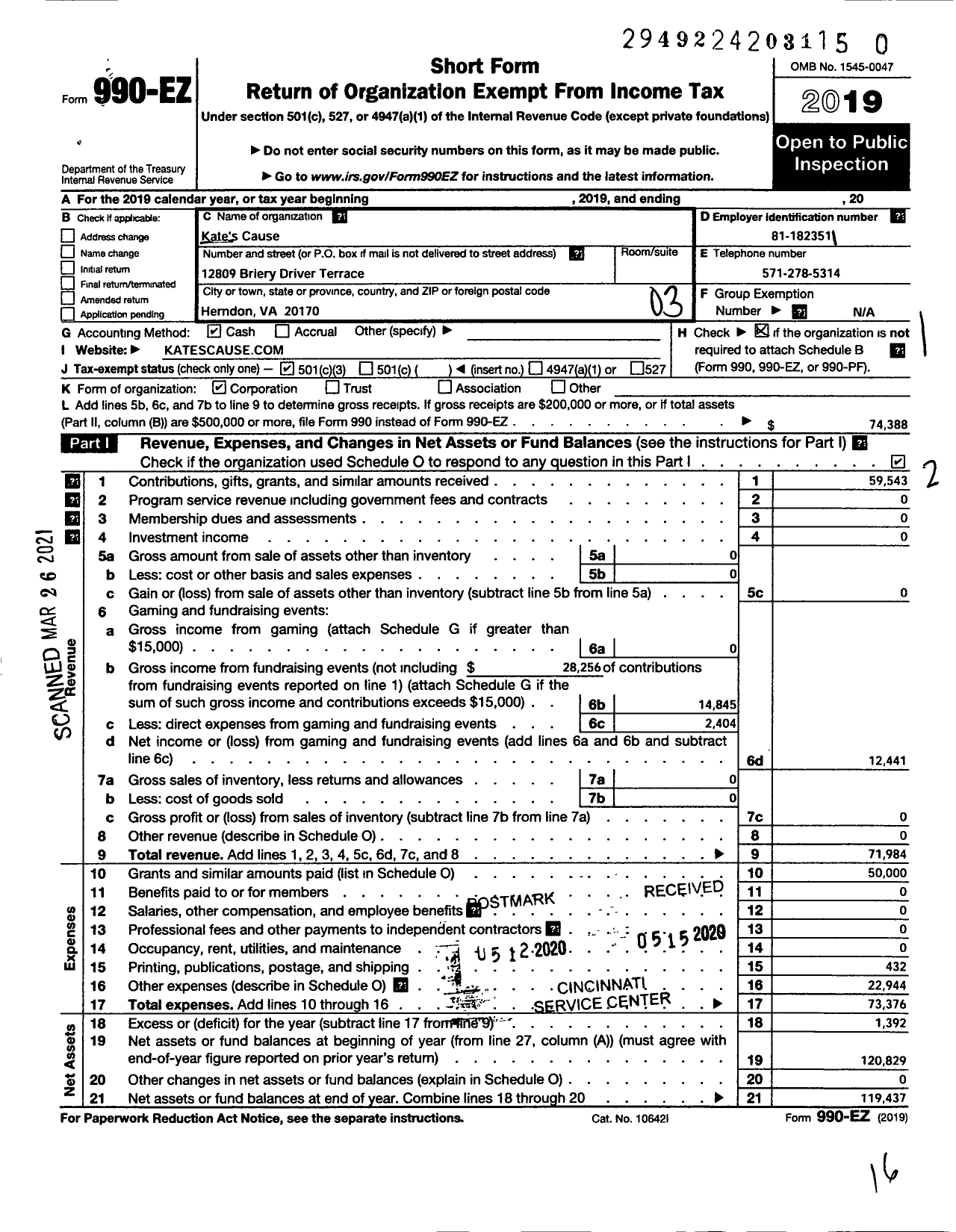 Image of first page of 2019 Form 990EZ for Kates Cause