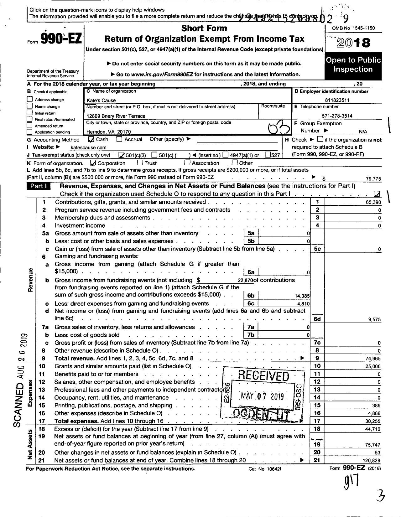 Image of first page of 2018 Form 990EZ for Kates Cause