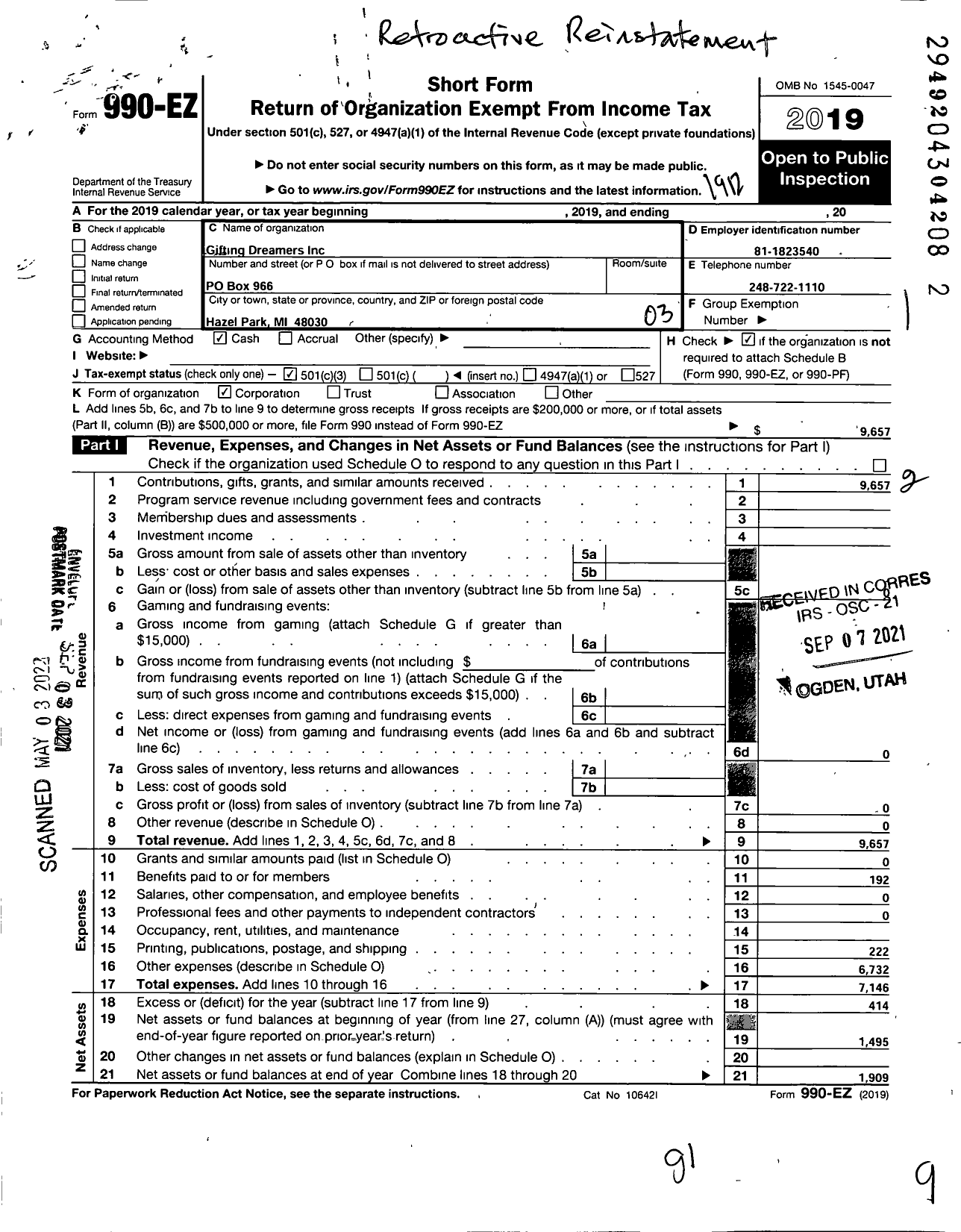 Image of first page of 2019 Form 990EZ for Gifting Dreamers