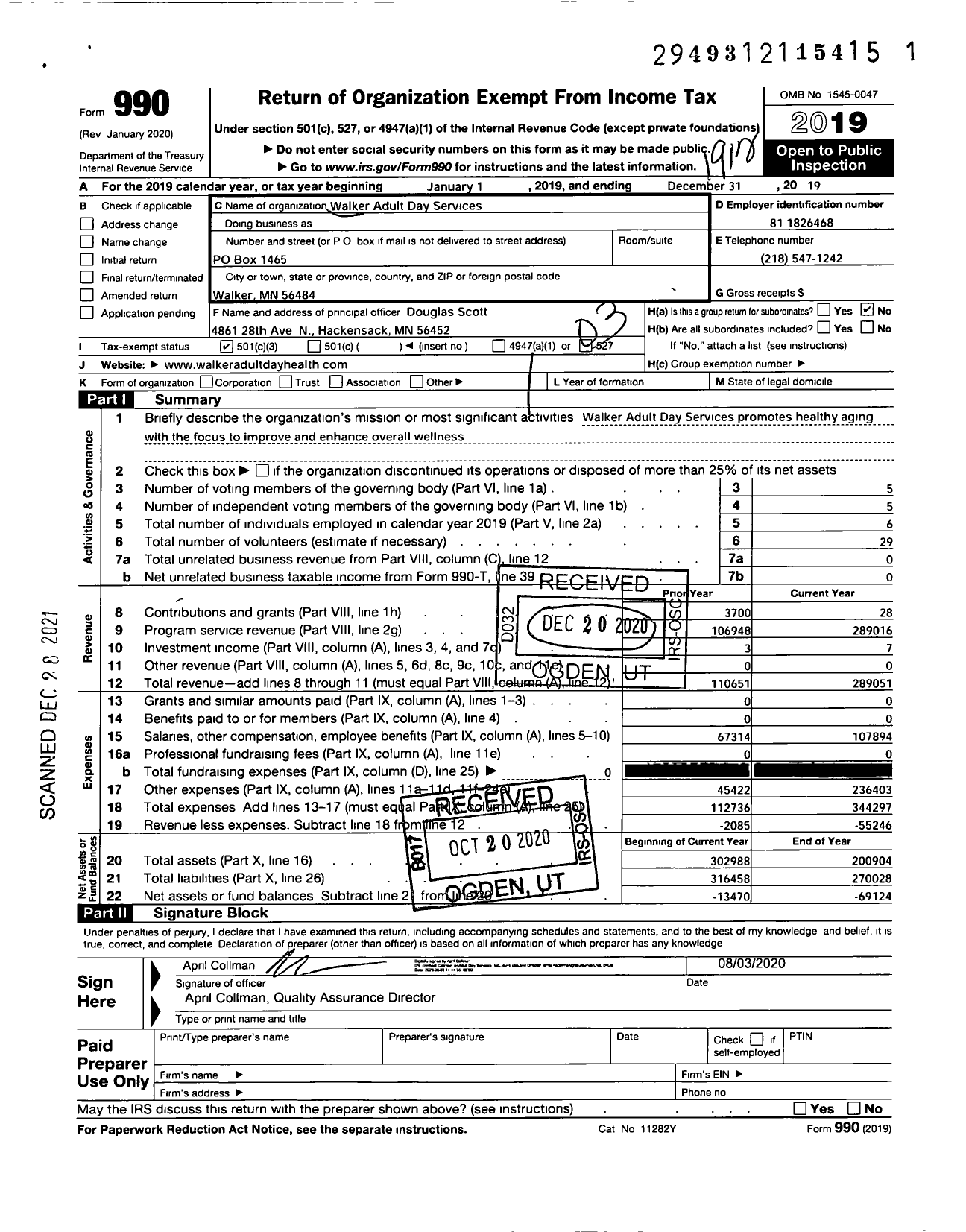 Image of first page of 2019 Form 990 for Walker Adult Day Services