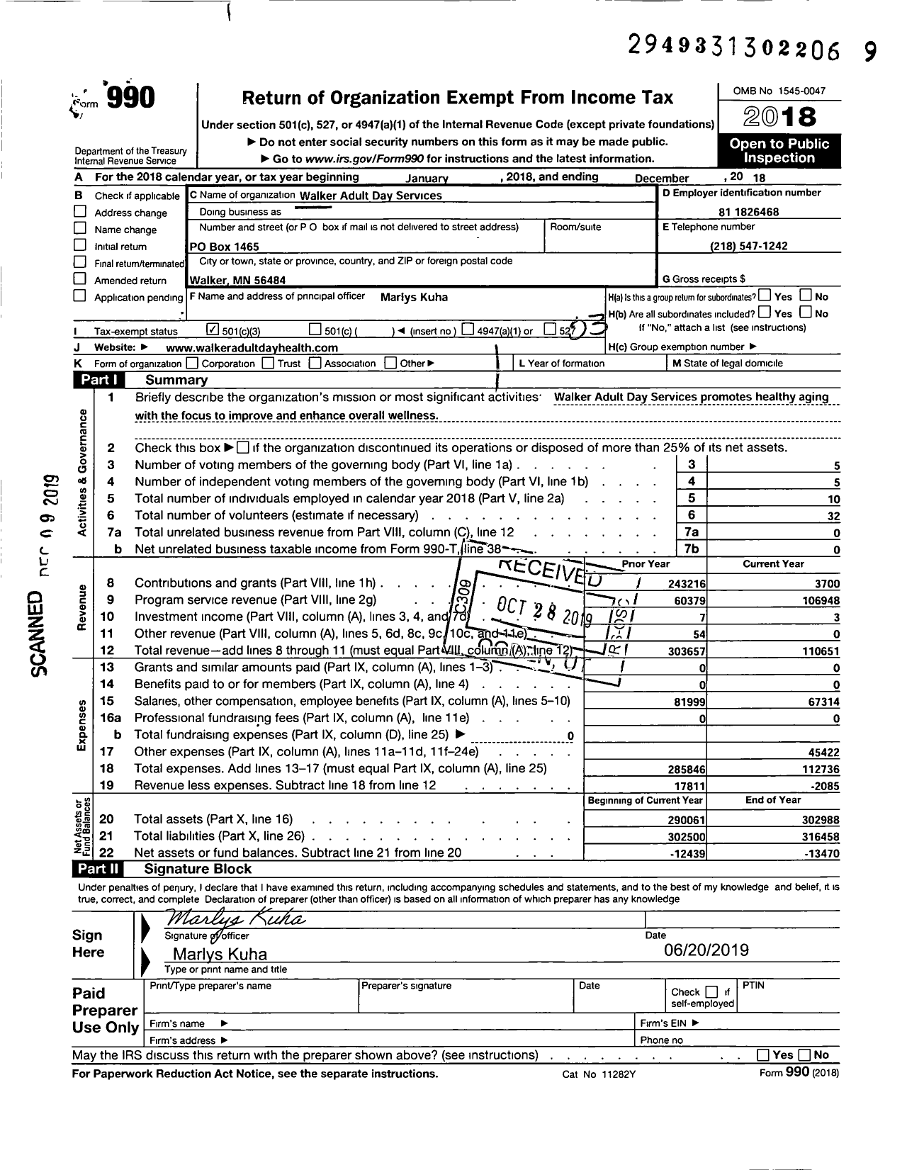 Image of first page of 2018 Form 990 for Walker Adult Day Services