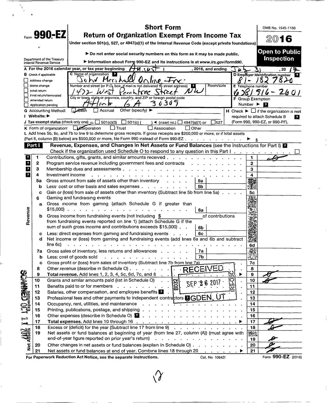 Image of first page of 2016 Form 990EO for Atlanta Law Center